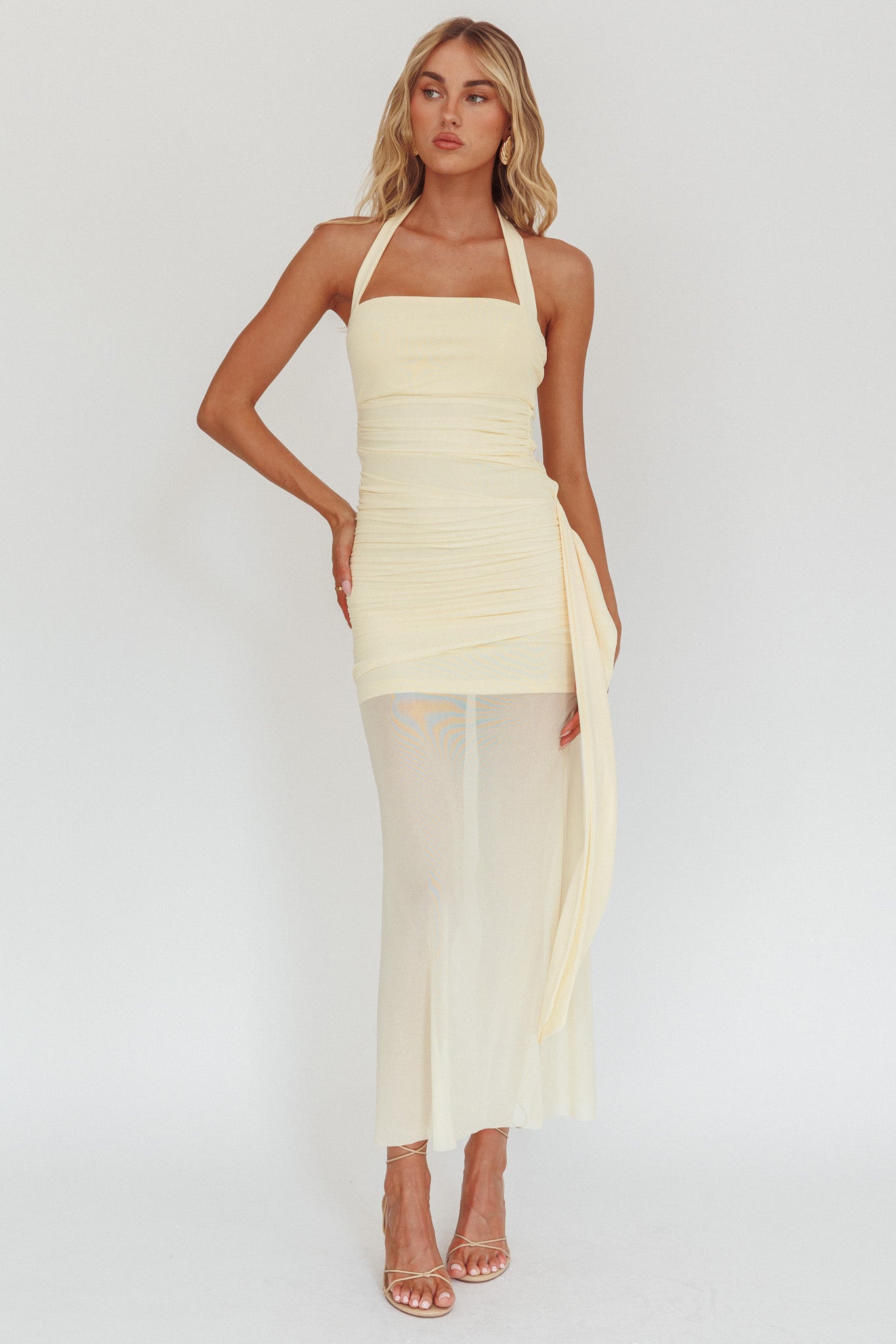 Rebekkah Halterneck Side Sash Maxi Dress Butter-Maymioy