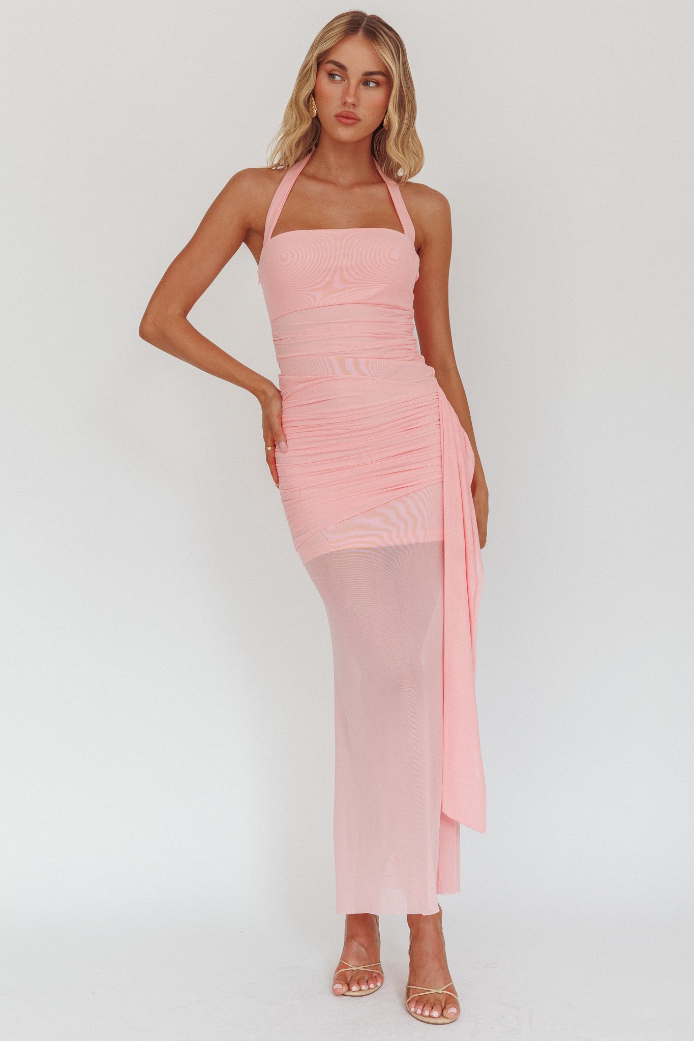 Rebekkah Halterneck Side Sash Maxi Dress Pink-Maymioy