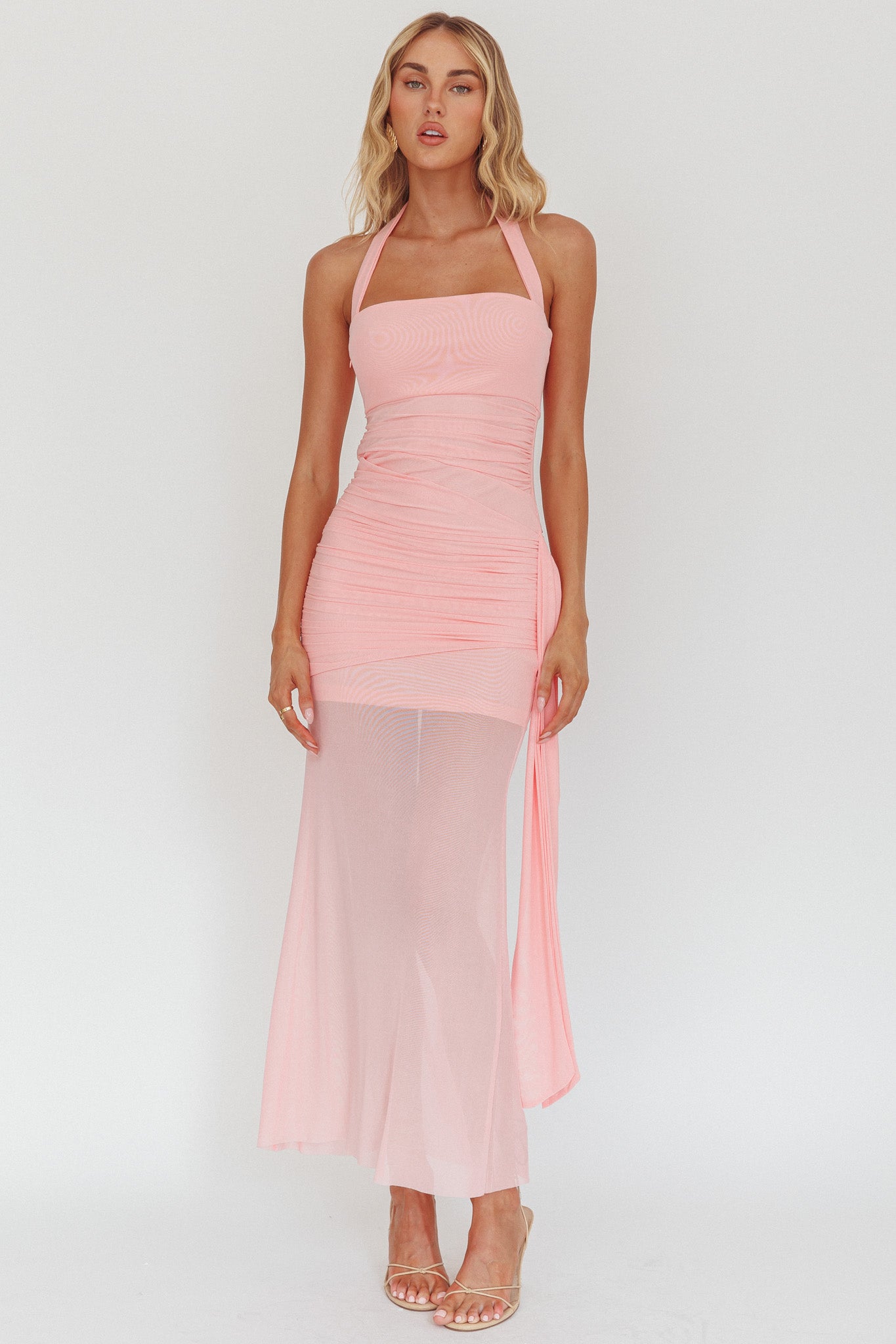 Rebekkah Halterneck Side Sash Maxi Dress Pink-Maymioy