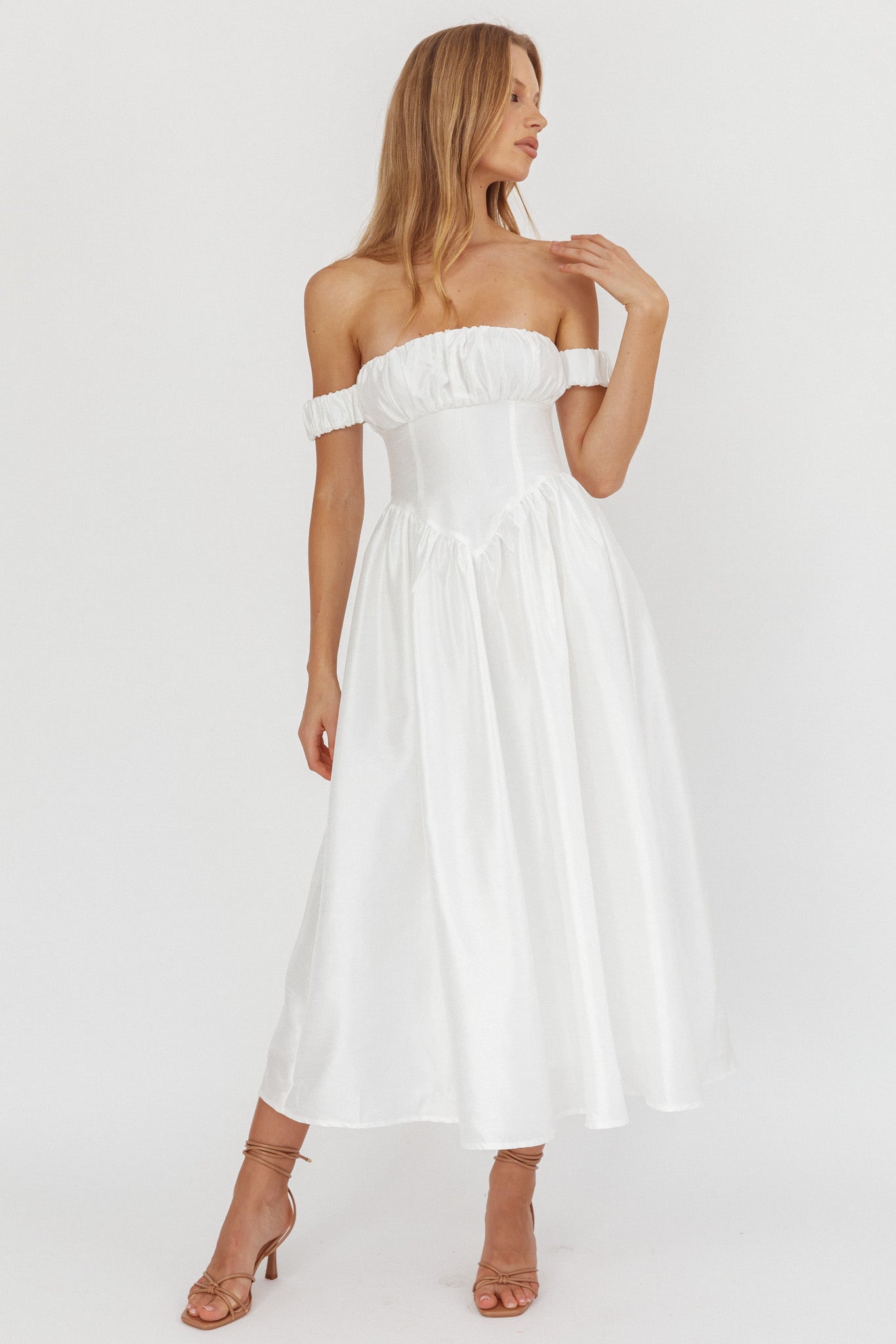 Heavens Above Off-Shoulder Basque Waist Midi Dress Ivory-Maymioy
