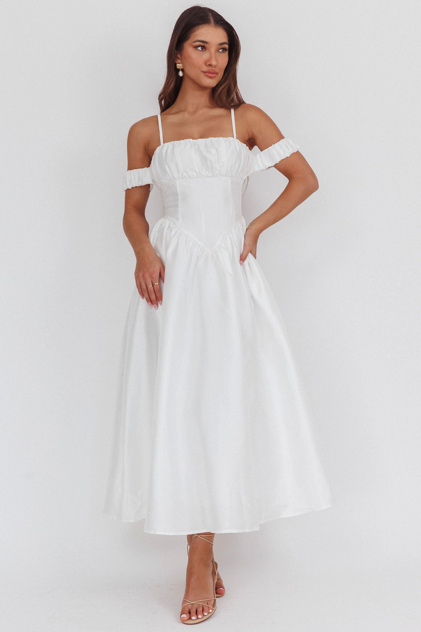 Heavens Above Off-Shoulder Basque Waist Midi Dress Ivory-Maymioy
