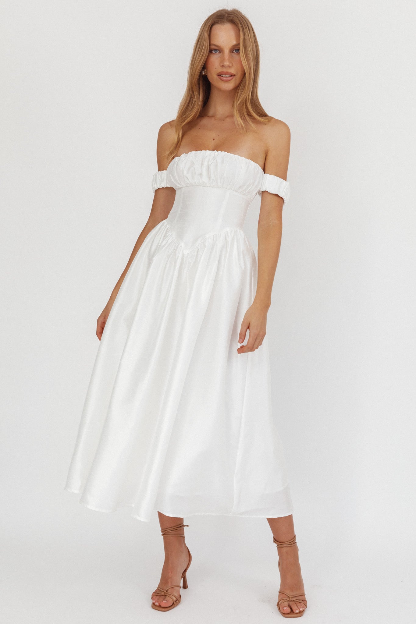 Heavens Above Off-Shoulder Basque Waist Midi Dress Ivory-Maymioy