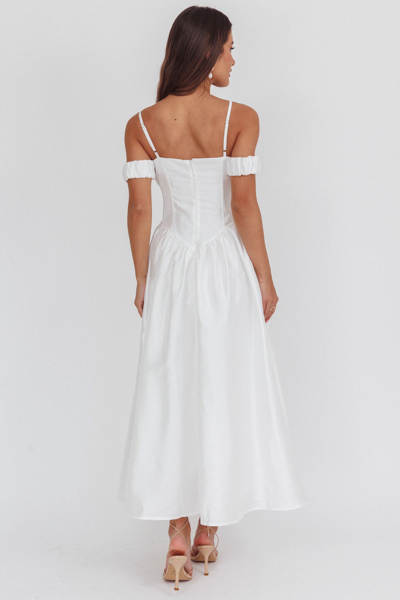 Heavens Above Off-Shoulder Basque Waist Midi Dress Ivory-Maymioy