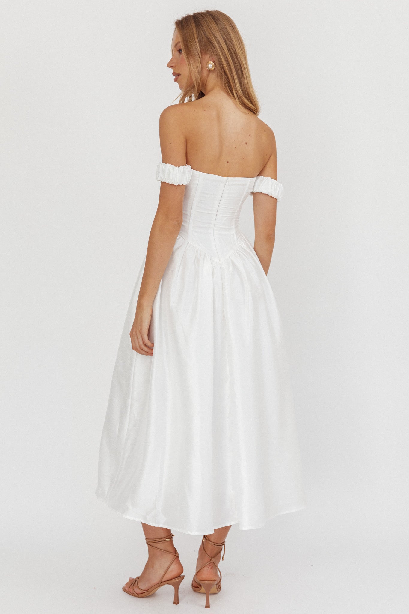 Heavens Above Off-Shoulder Basque Waist Midi Dress Ivory-Maymioy