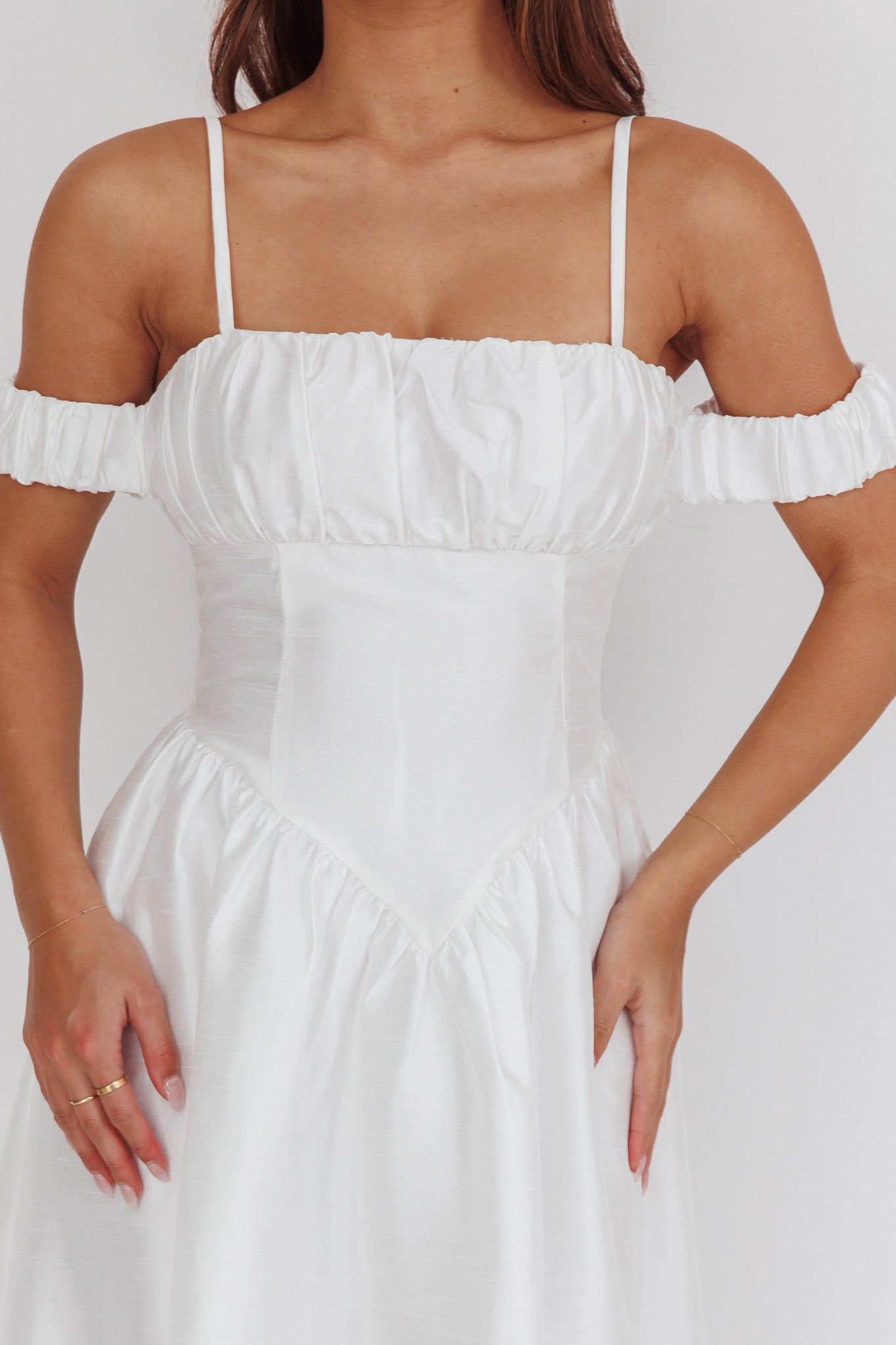 Heavens Above Off-Shoulder Basque Waist Midi Dress Ivory-Maymioy
