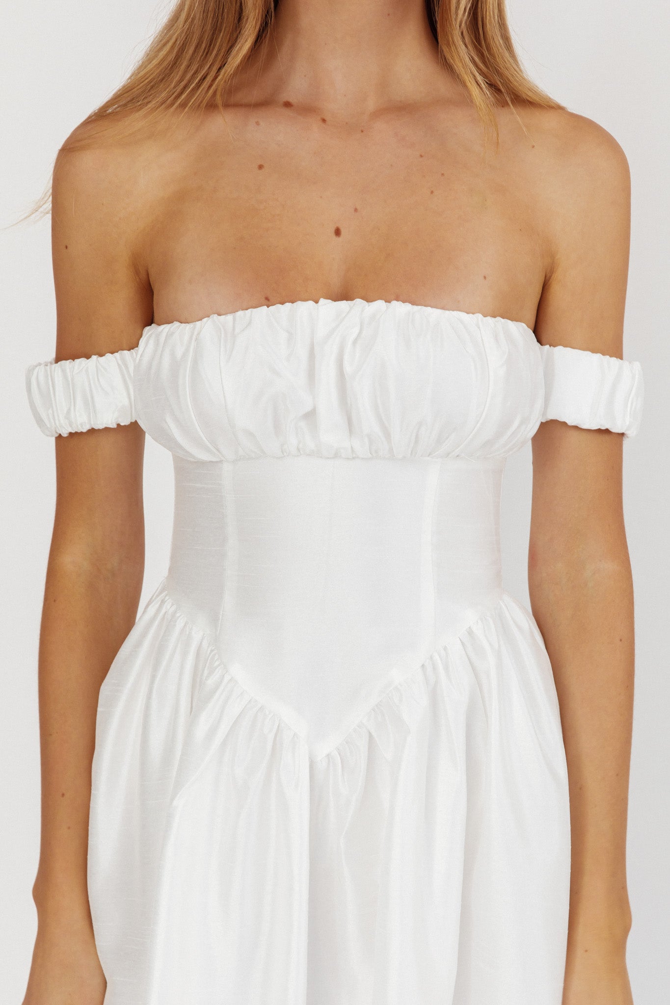 Heavens Above Off-Shoulder Basque Waist Midi Dress Ivory-Maymioy