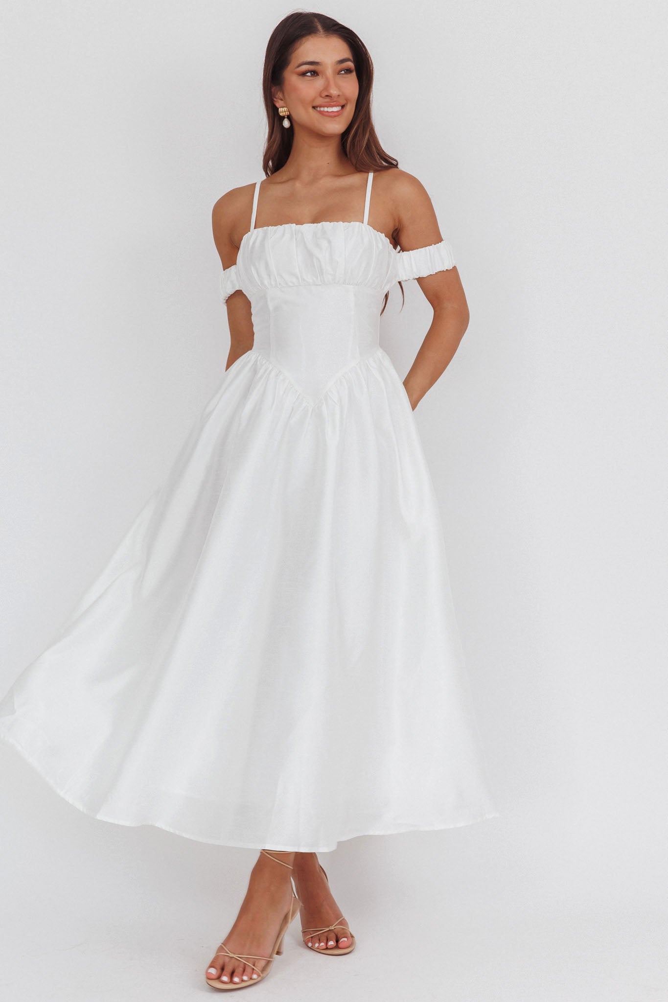 Heavens Above Off-Shoulder Basque Waist Midi Dress Ivory-Maymioy
