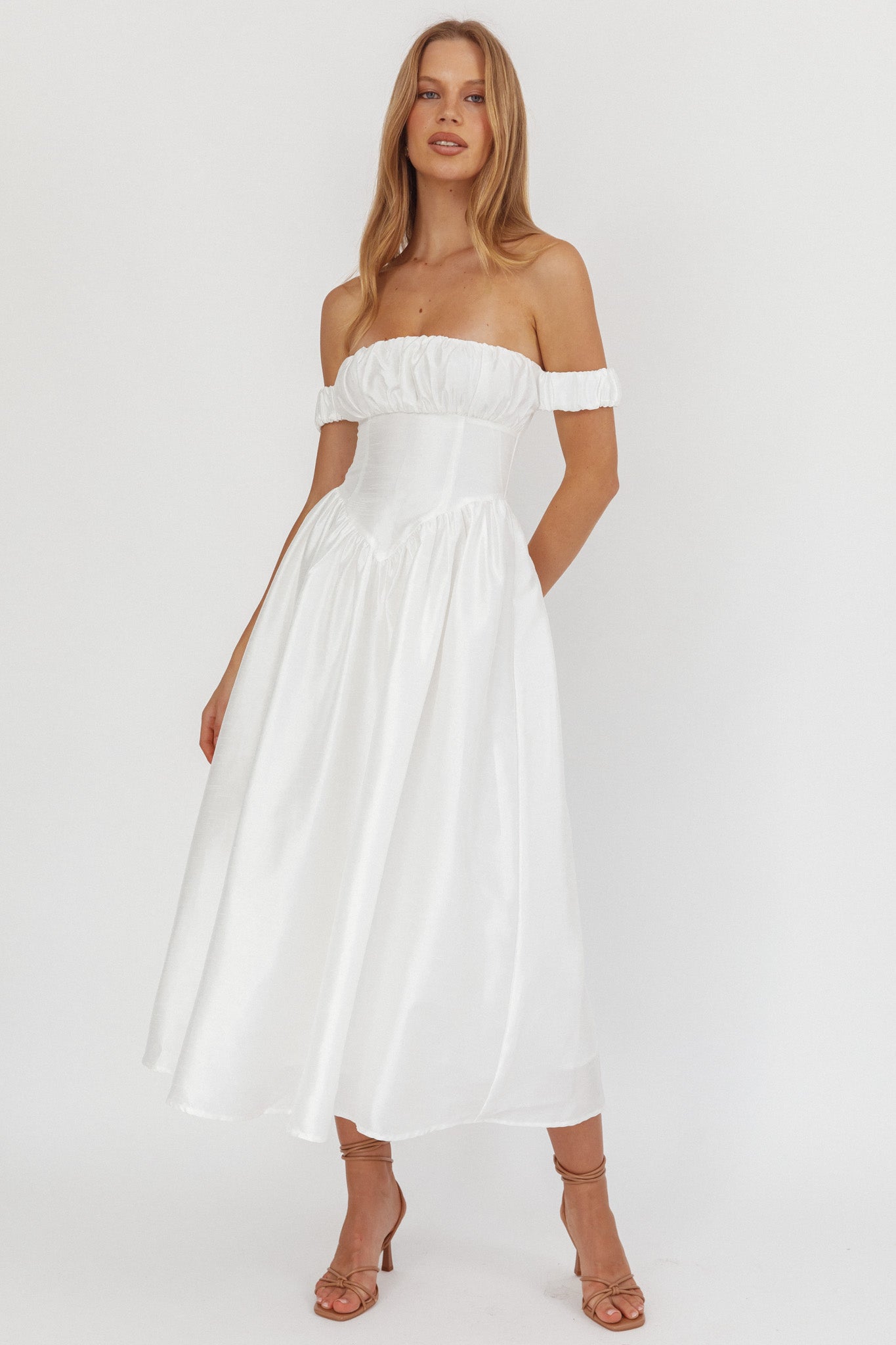 Heavens Above Off-Shoulder Basque Waist Midi Dress Ivory-Maymioy