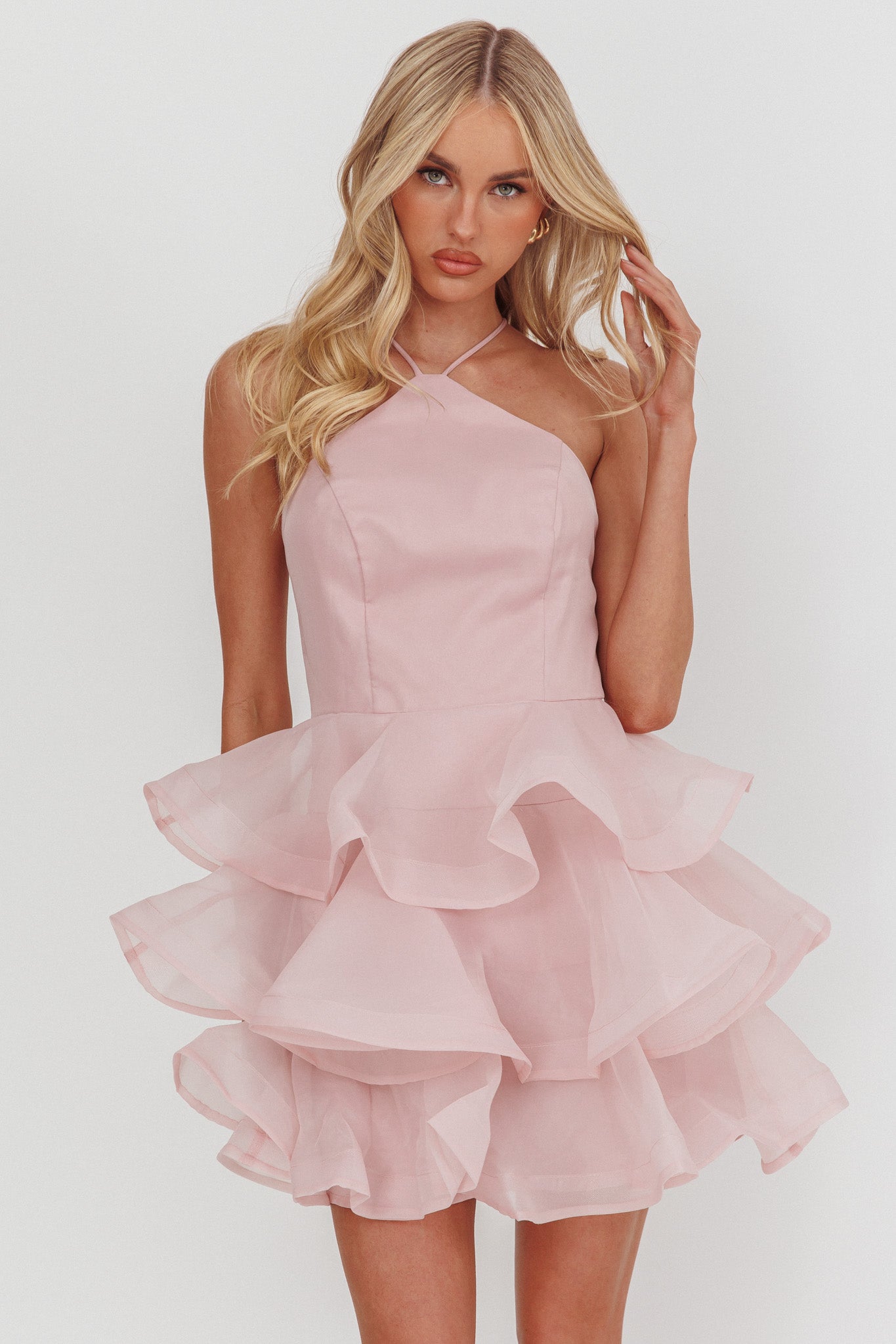 Kiera Layered Ruffle Strappy Mini Dress Pink-Maymioy