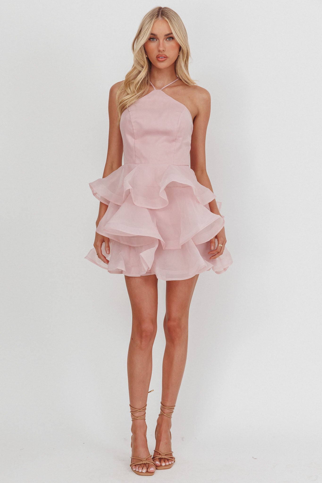Kiera Layered Ruffle Strappy Mini Dress Pink-Maymioy