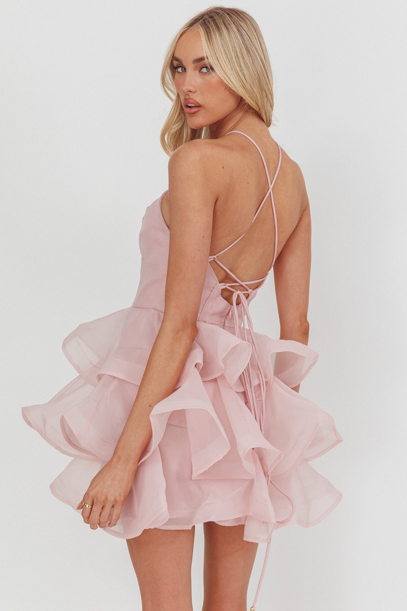 Kiera Layered Ruffle Strappy Mini Dress Pink-Maymioy