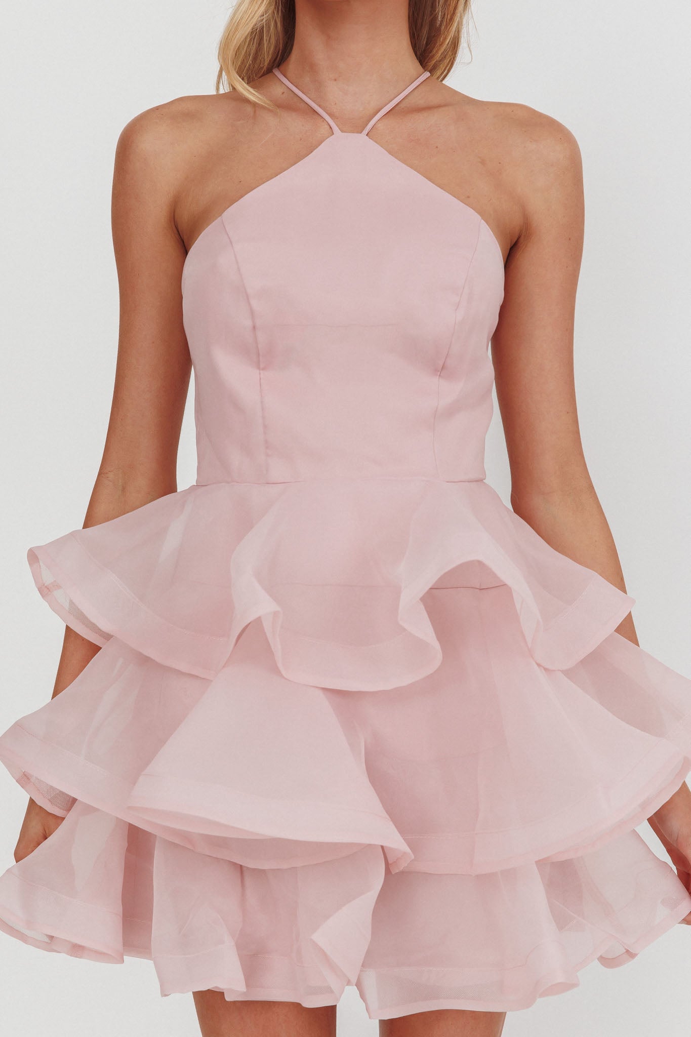 Kiera Layered Ruffle Strappy Mini Dress Pink-Maymioy