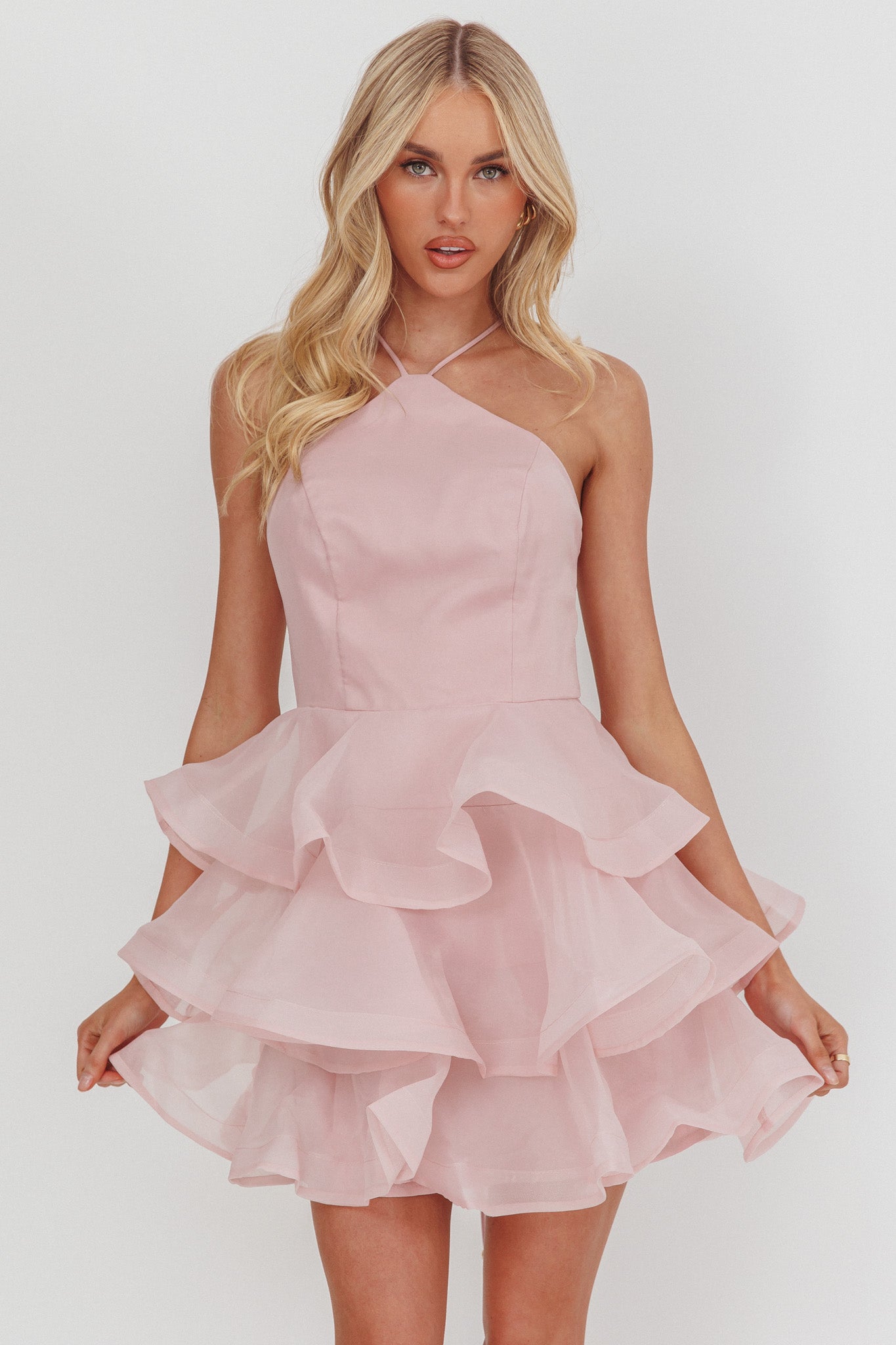 Kiera Layered Ruffle Strappy Mini Dress Pink-Maymioy