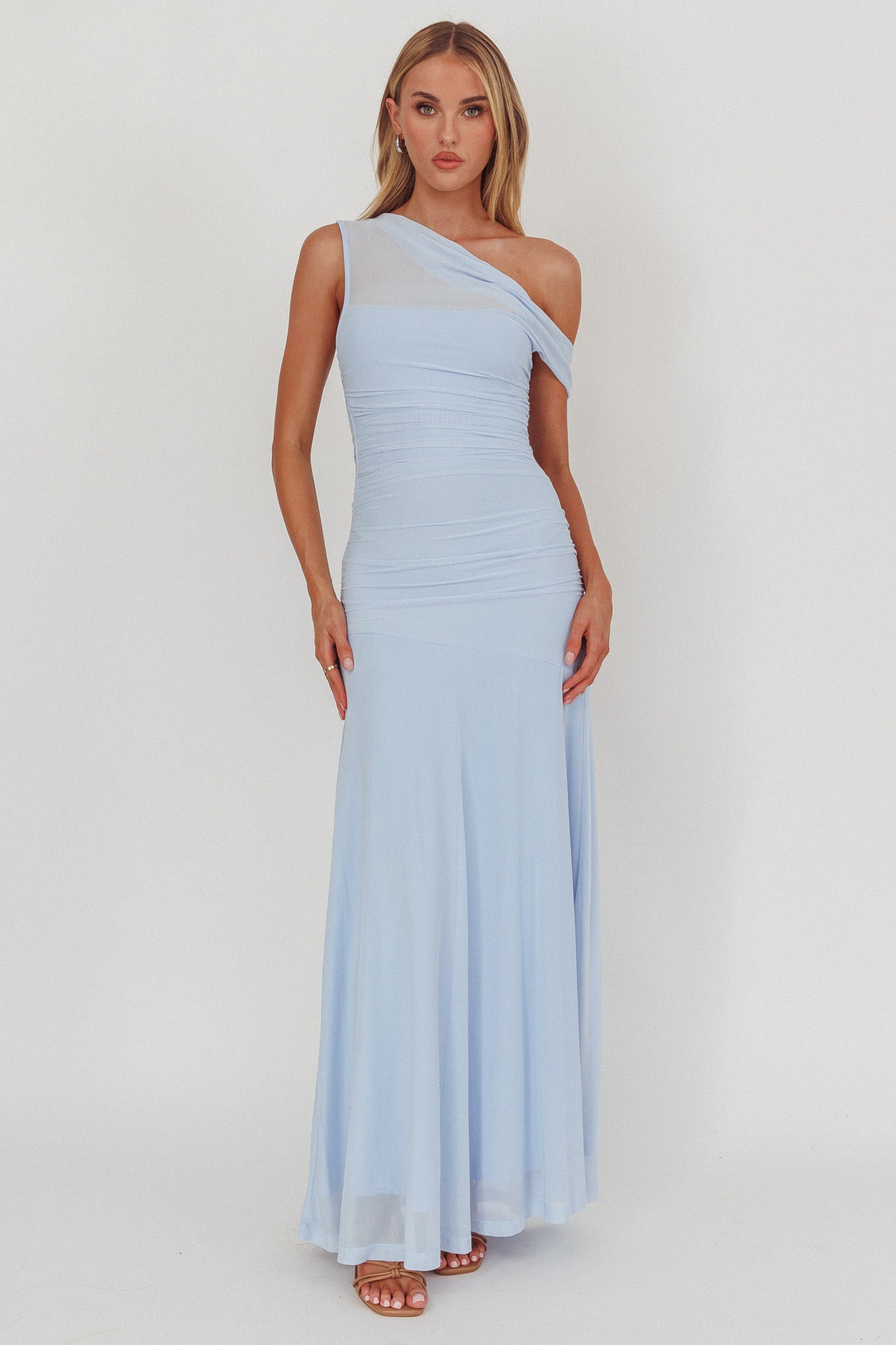 Lylah Asymmetric Neckline Mesh Maxi Dress Ice Blue-Maymioy
