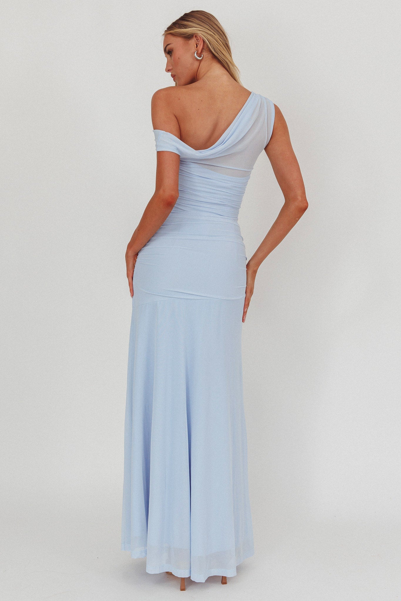 Lylah Asymmetric Neckline Mesh Maxi Dress Ice Blue-Maymioy