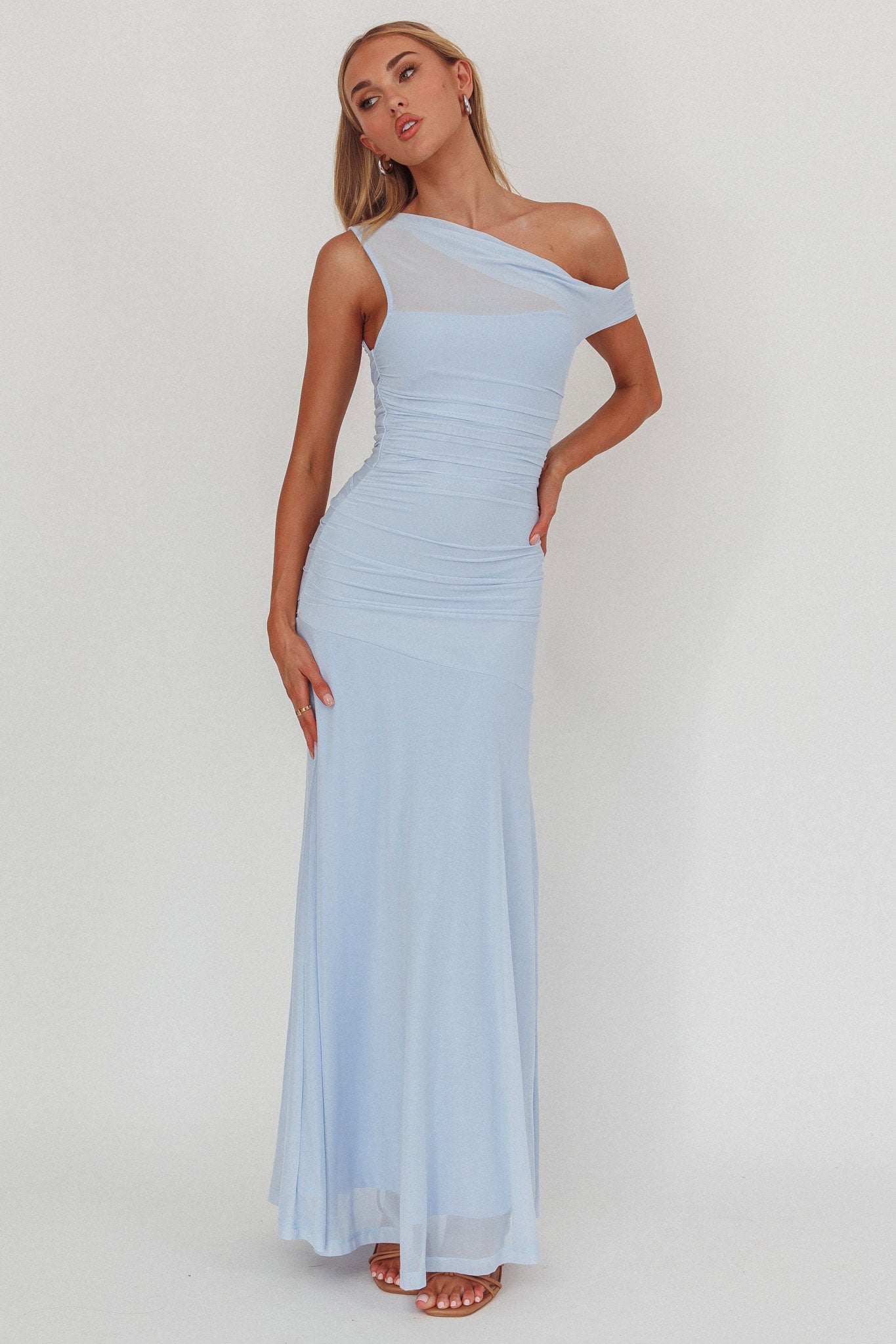 Lylah Asymmetric Neckline Mesh Maxi Dress Ice Blue-Maymioy