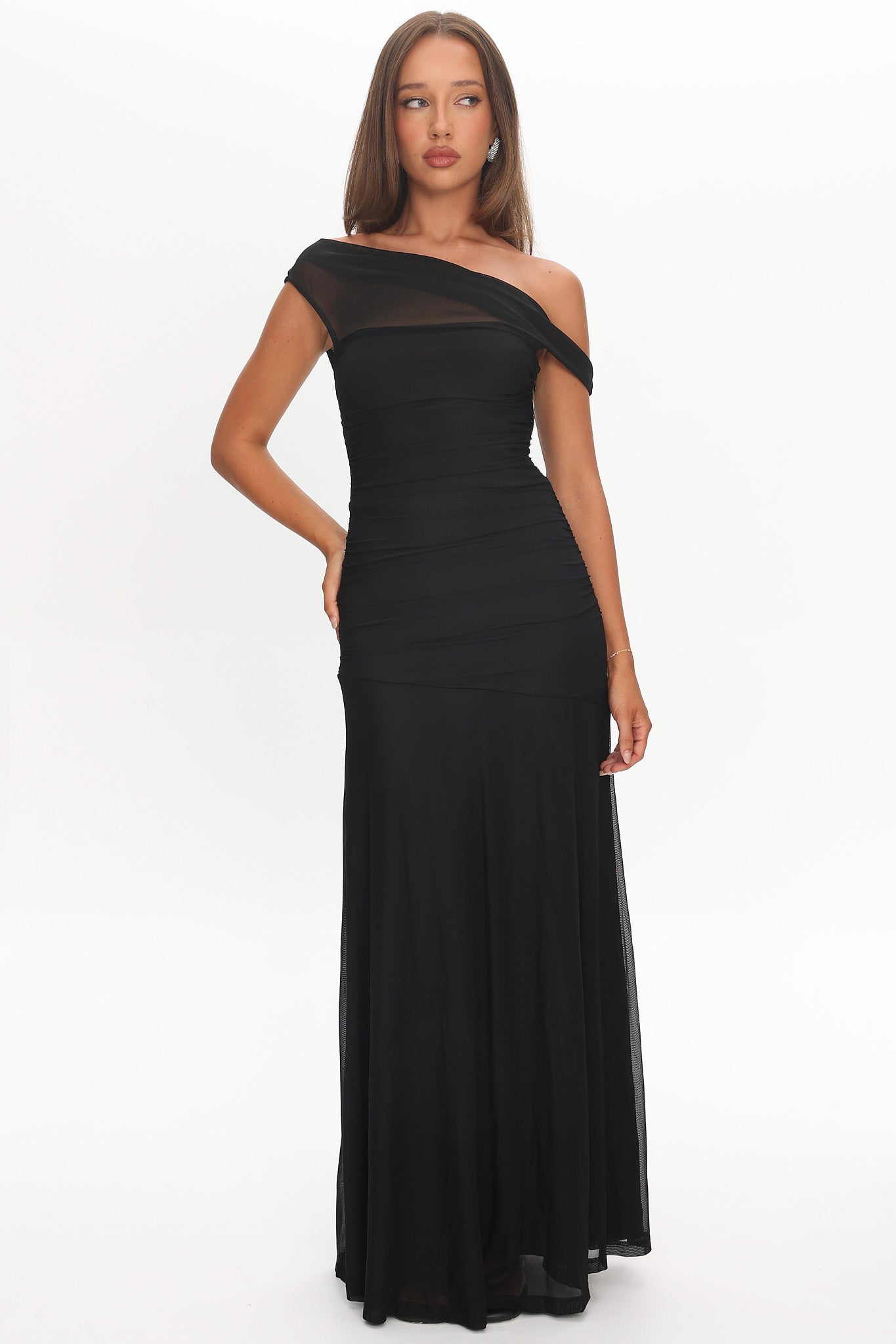 Lylah Asymmetric Neckline Mesh Maxi Dress Black-Maymioy