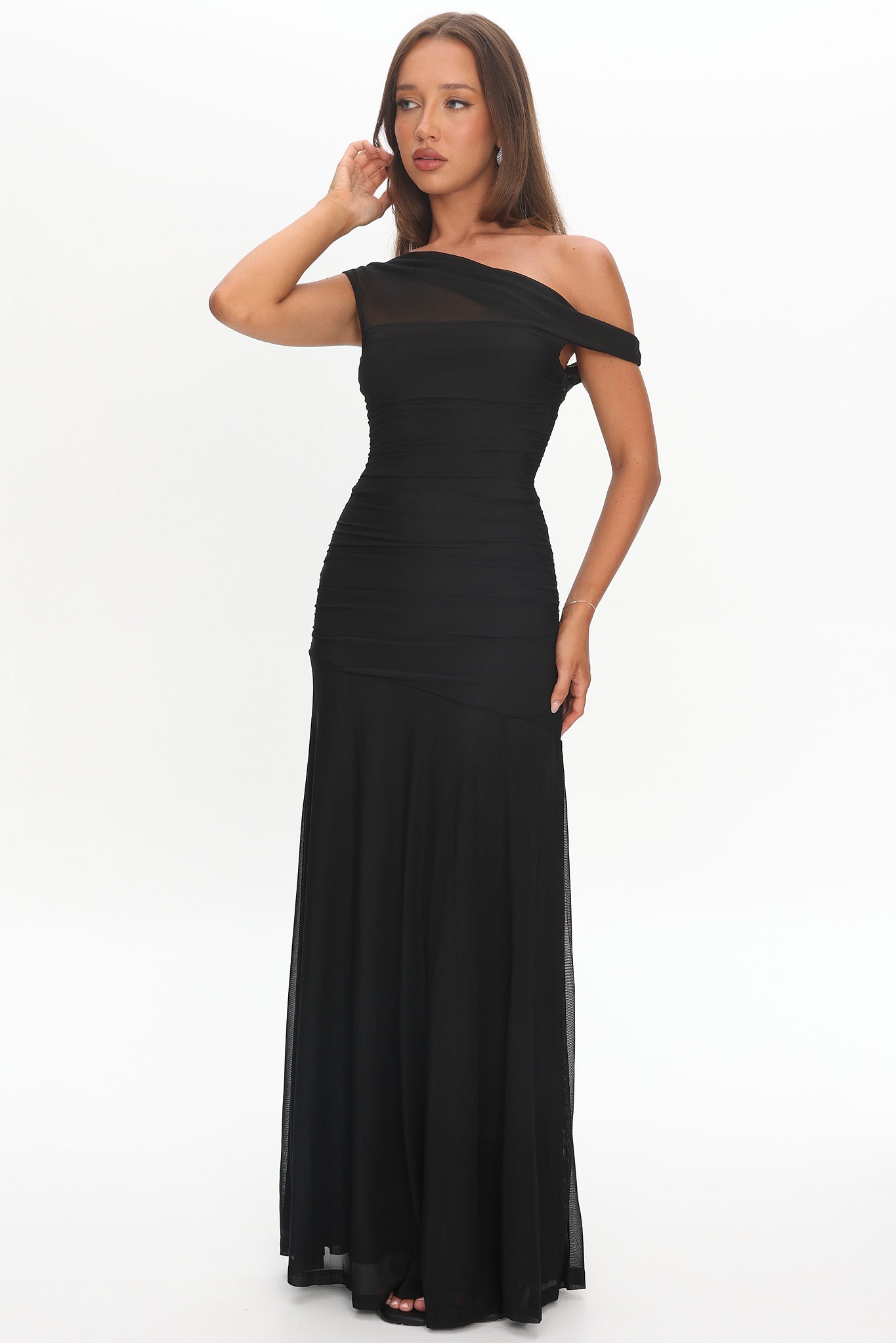 Lylah Asymmetric Neckline Mesh Maxi Dress Black-Maymioy