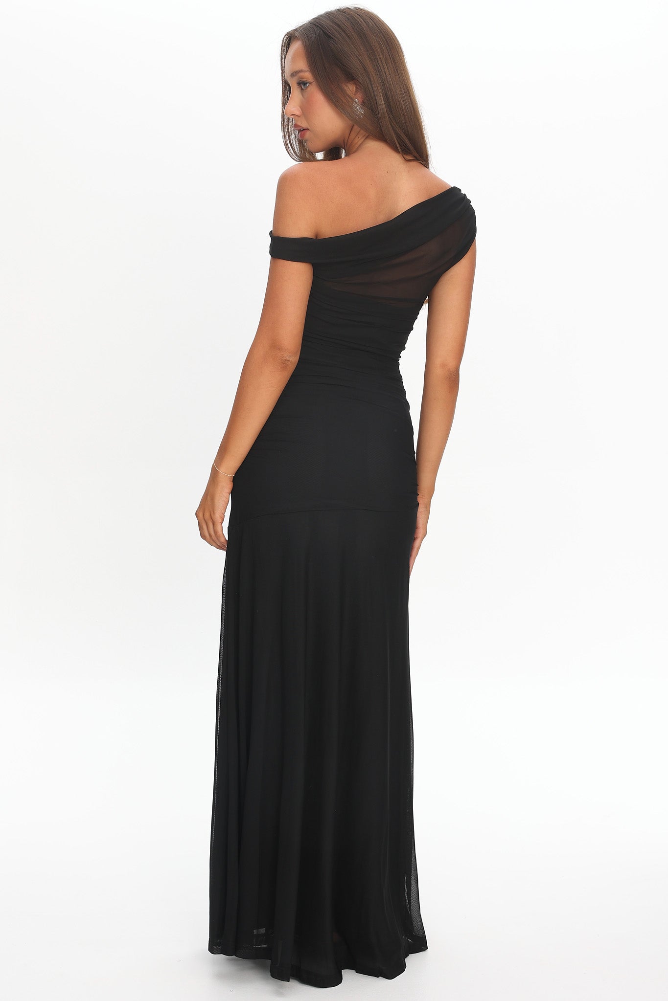 Lylah Asymmetric Neckline Mesh Maxi Dress Black-Maymioy