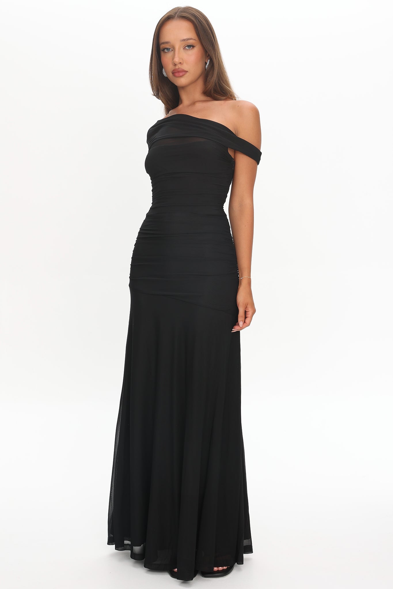 Lylah Asymmetric Neckline Mesh Maxi Dress Black-Maymioy