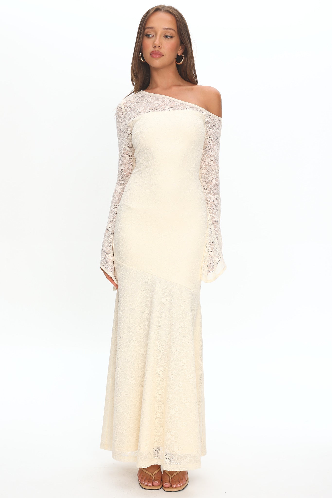 Lylah Asymmetric Neckline Long Sleeve Maxi Dress Lace Butter-Maymioy