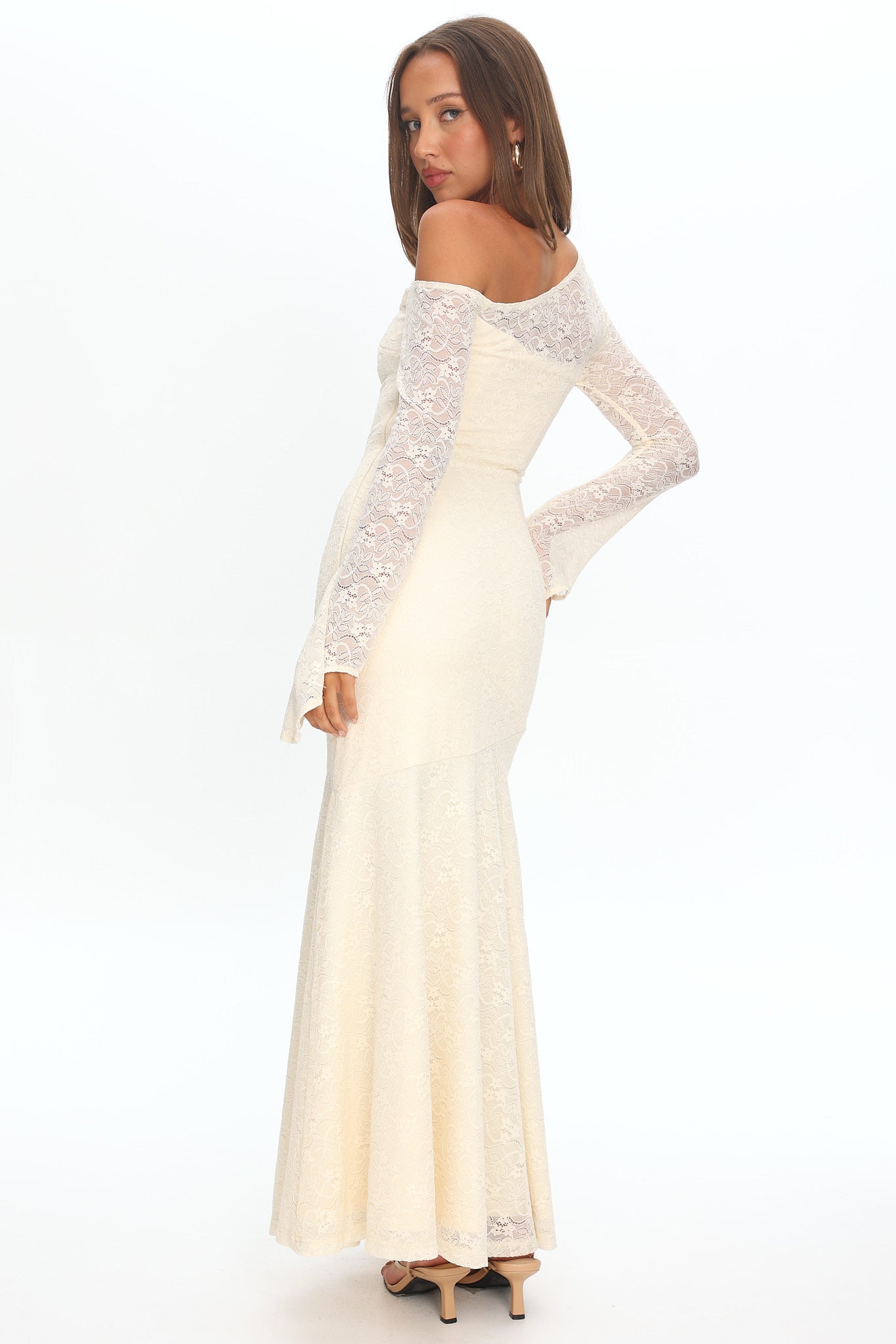 Lylah Asymmetric Neckline Long Sleeve Maxi Dress Lace Butter-Maymioy