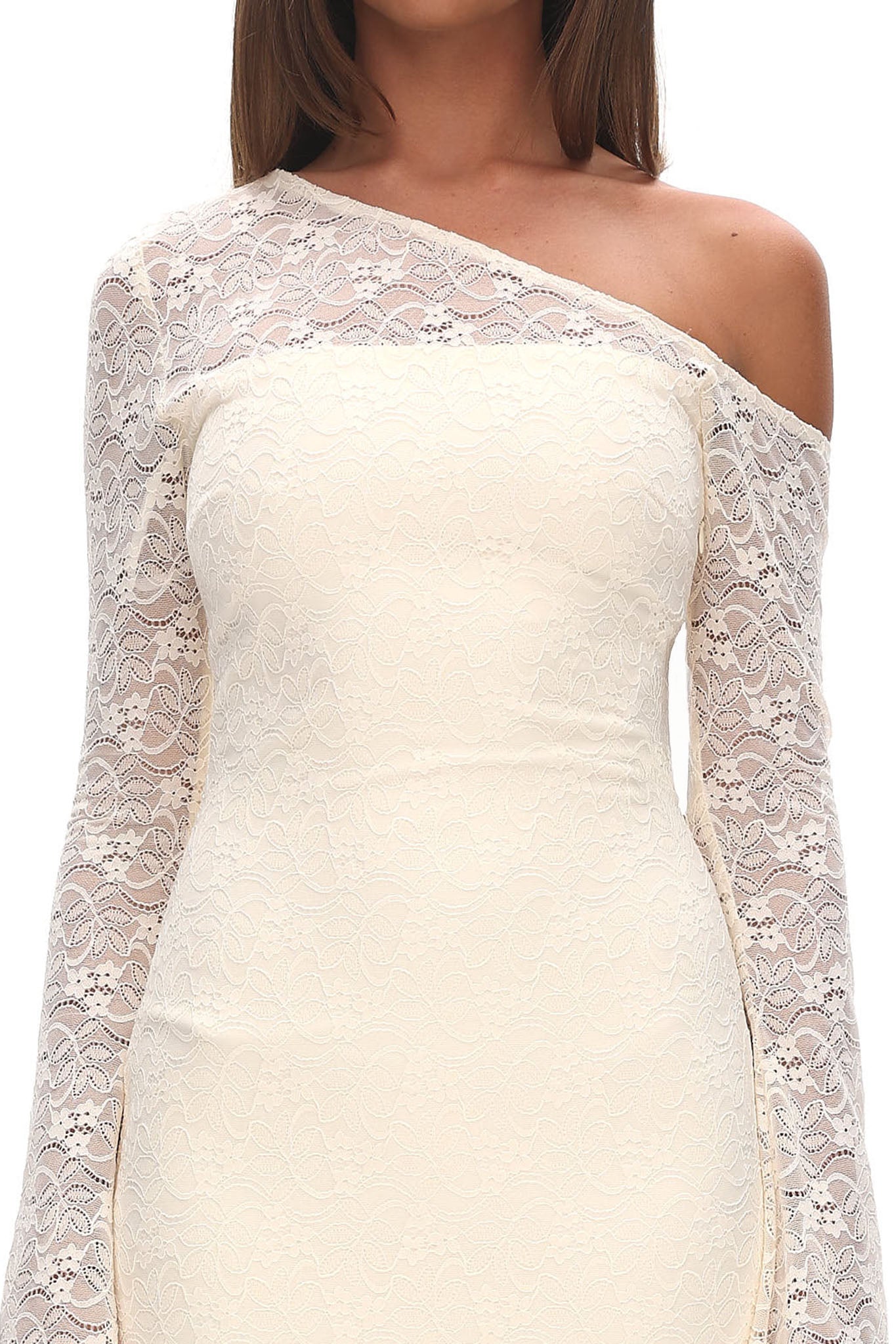 Lylah Asymmetric Neckline Long Sleeve Maxi Dress Lace Butter-Maymioy