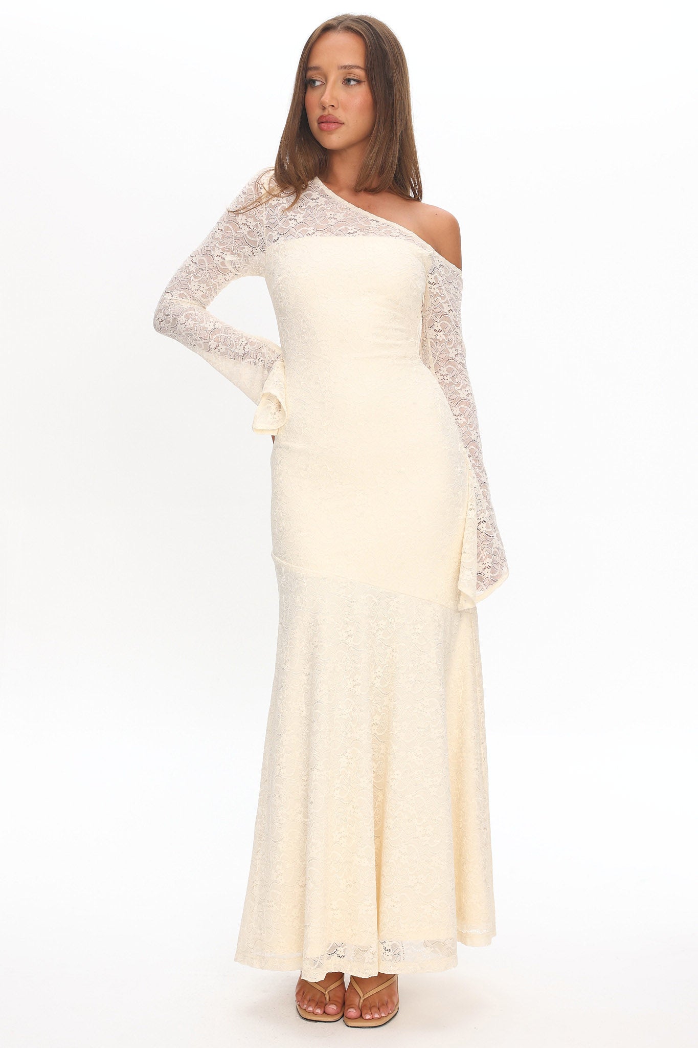 Lylah Asymmetric Neckline Long Sleeve Maxi Dress Lace Butter-Maymioy
