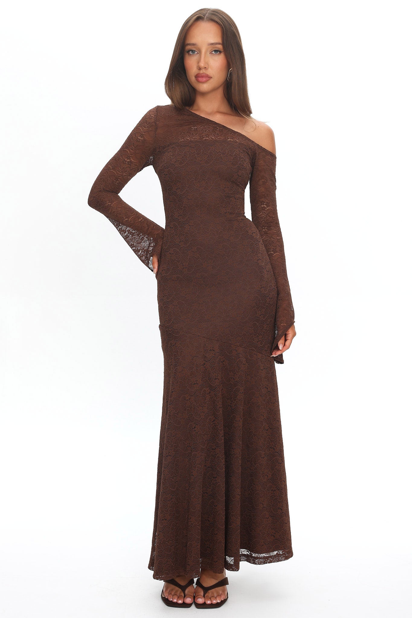 Lylah Asymmetric Neckline Long Sleeve Maxi Dress Lace Chocolate-Maymioy