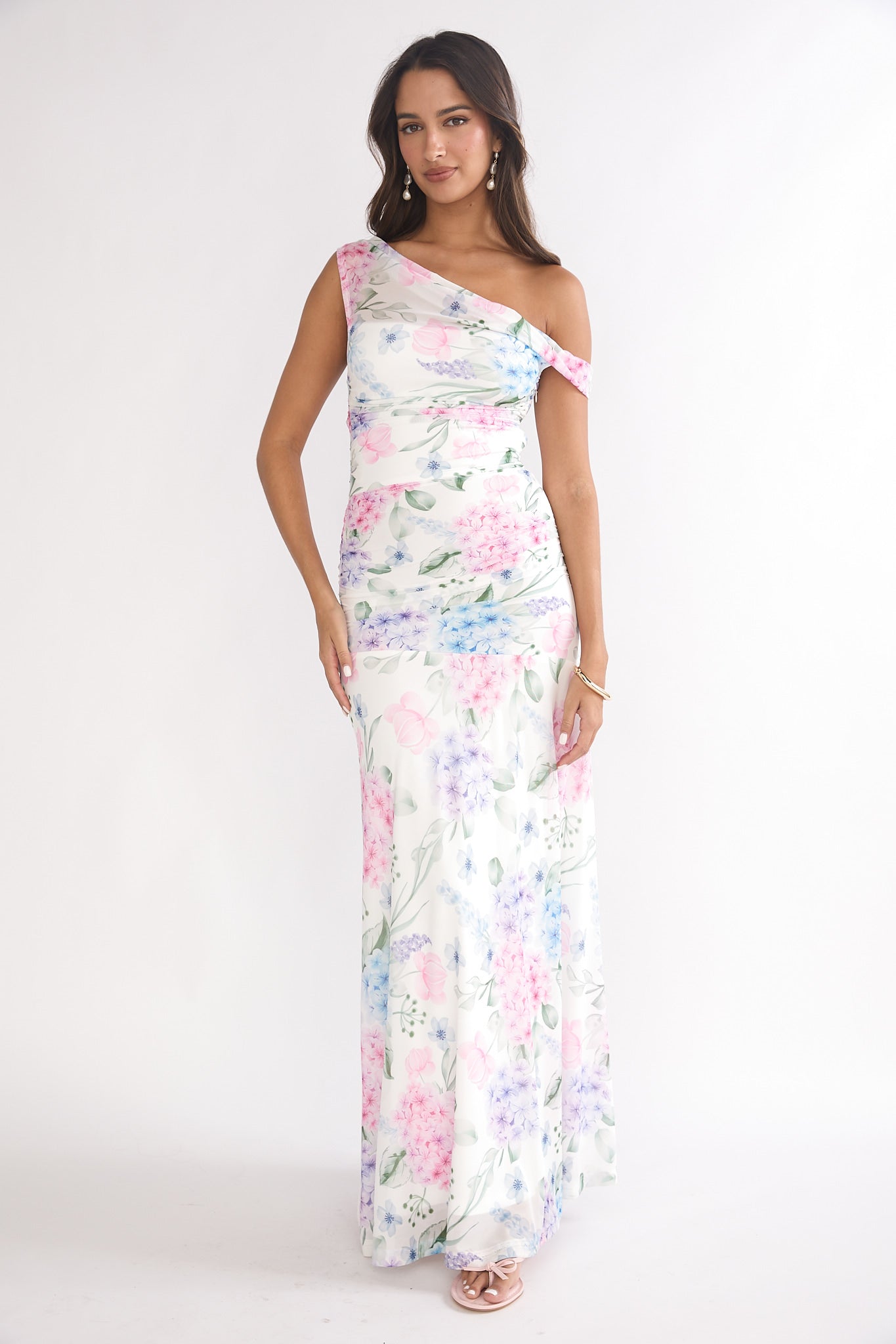 Lylah Asymmetric Neckline Mesh Maxi Dress Floral Blue-Maymioy