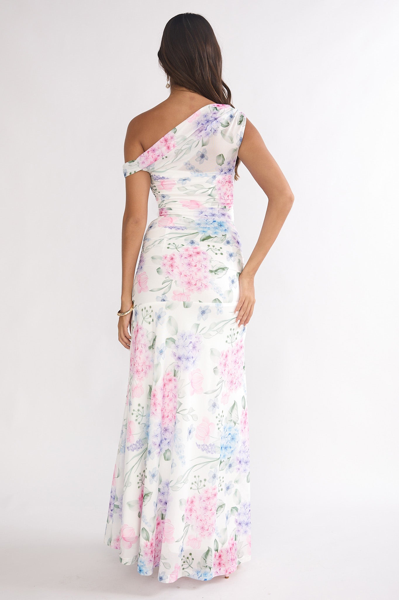 Lylah Asymmetric Neckline Mesh Maxi Dress Floral Blue-Maymioy