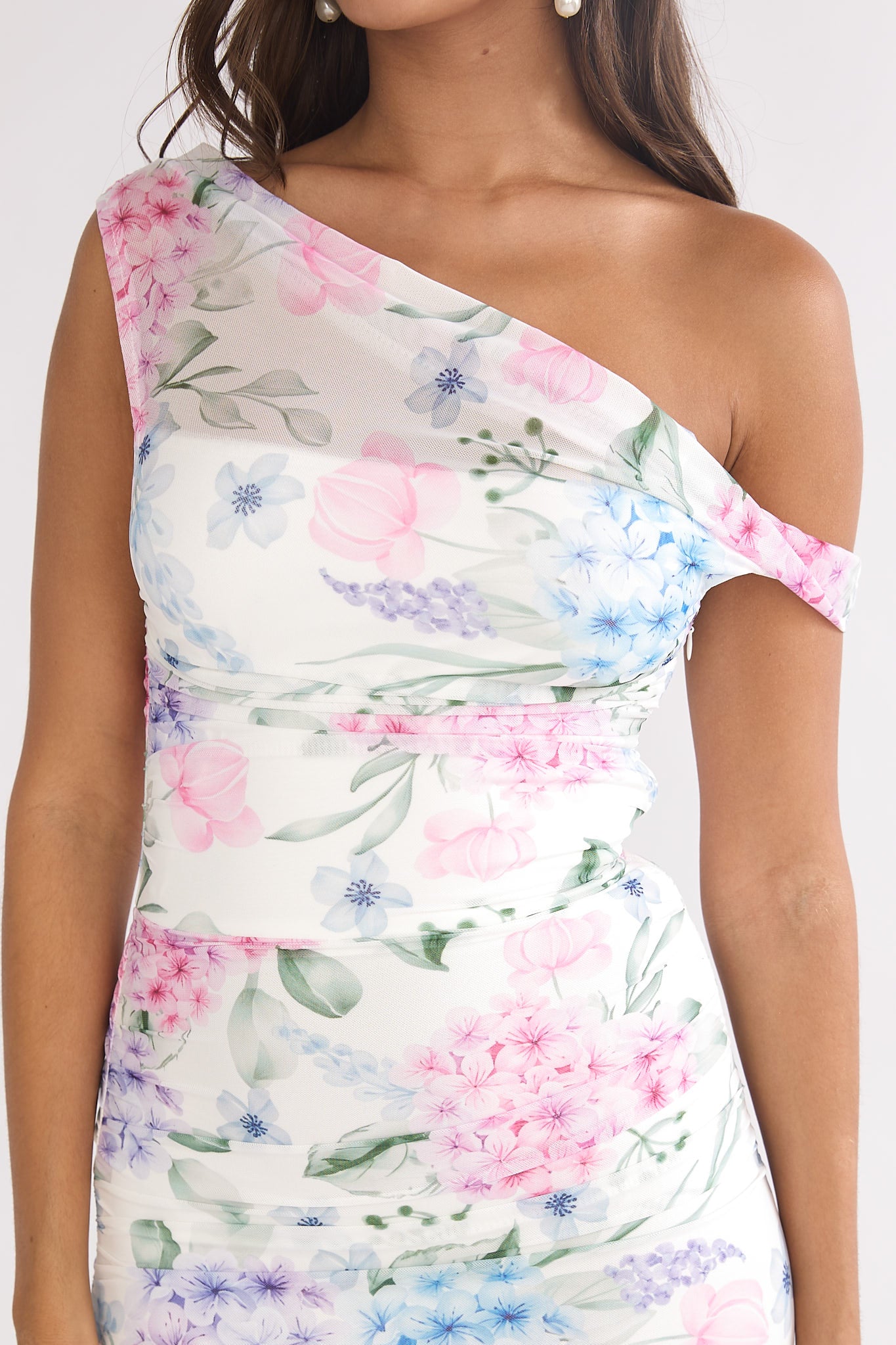 Lylah Asymmetric Neckline Mesh Maxi Dress Floral Blue-Maymioy