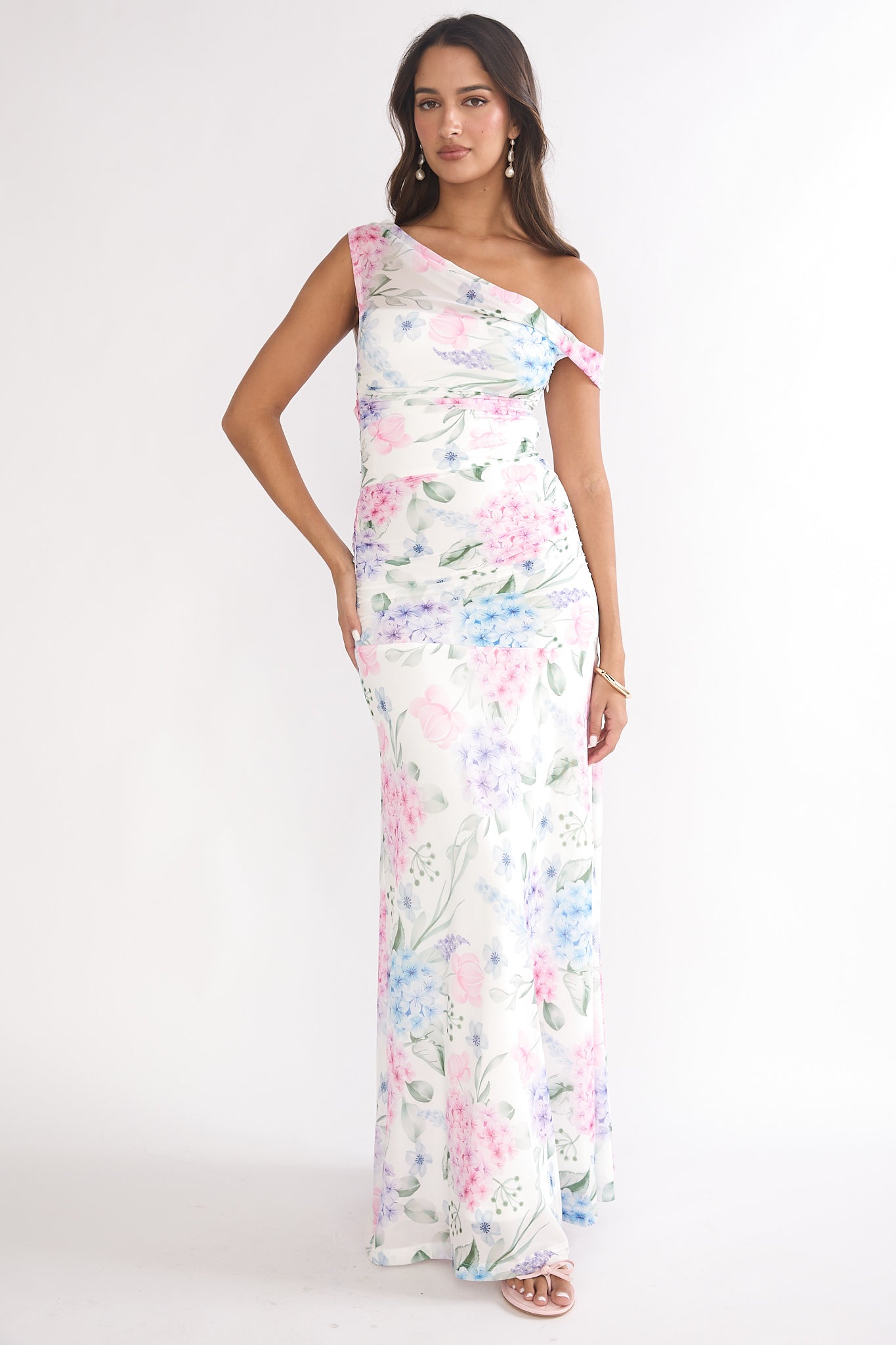 Lylah Asymmetric Neckline Mesh Maxi Dress Floral Blue-Maymioy