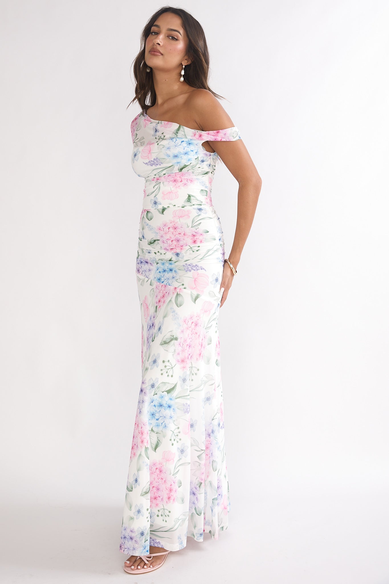 Lylah Asymmetric Neckline Mesh Maxi Dress Floral Blue-Maymioy