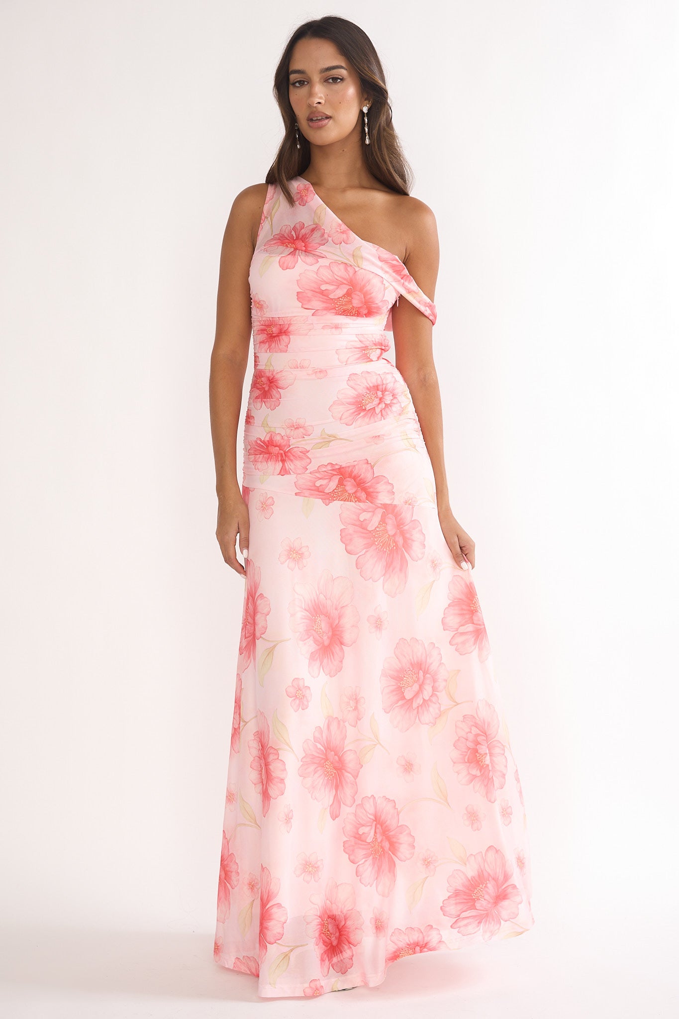 Lylah Asymmetric Neckline Mesh Maxi Dress Floral Pink-Maymioy