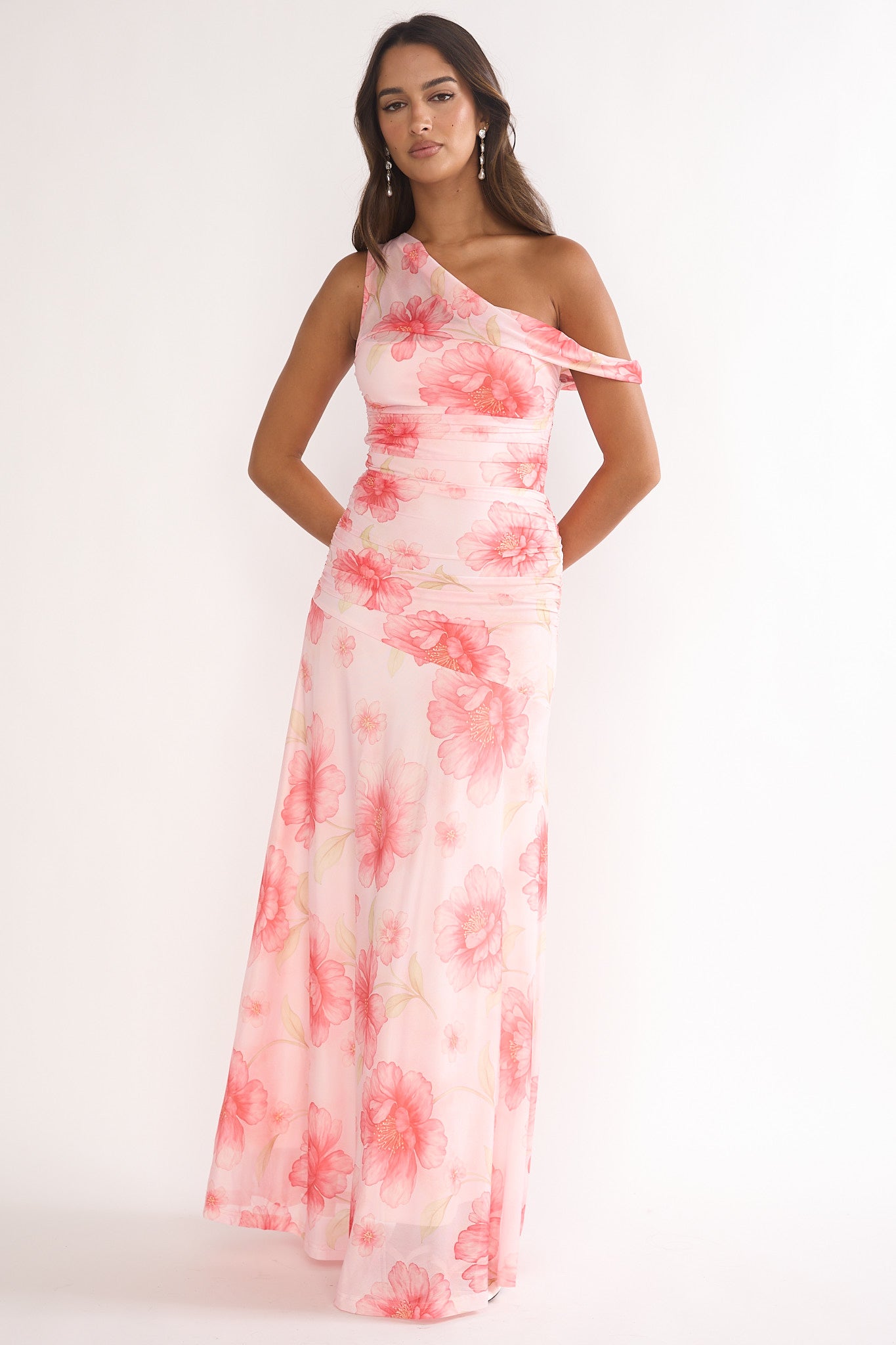 Lylah Asymmetric Neckline Mesh Maxi Dress Floral Pink-Maymioy