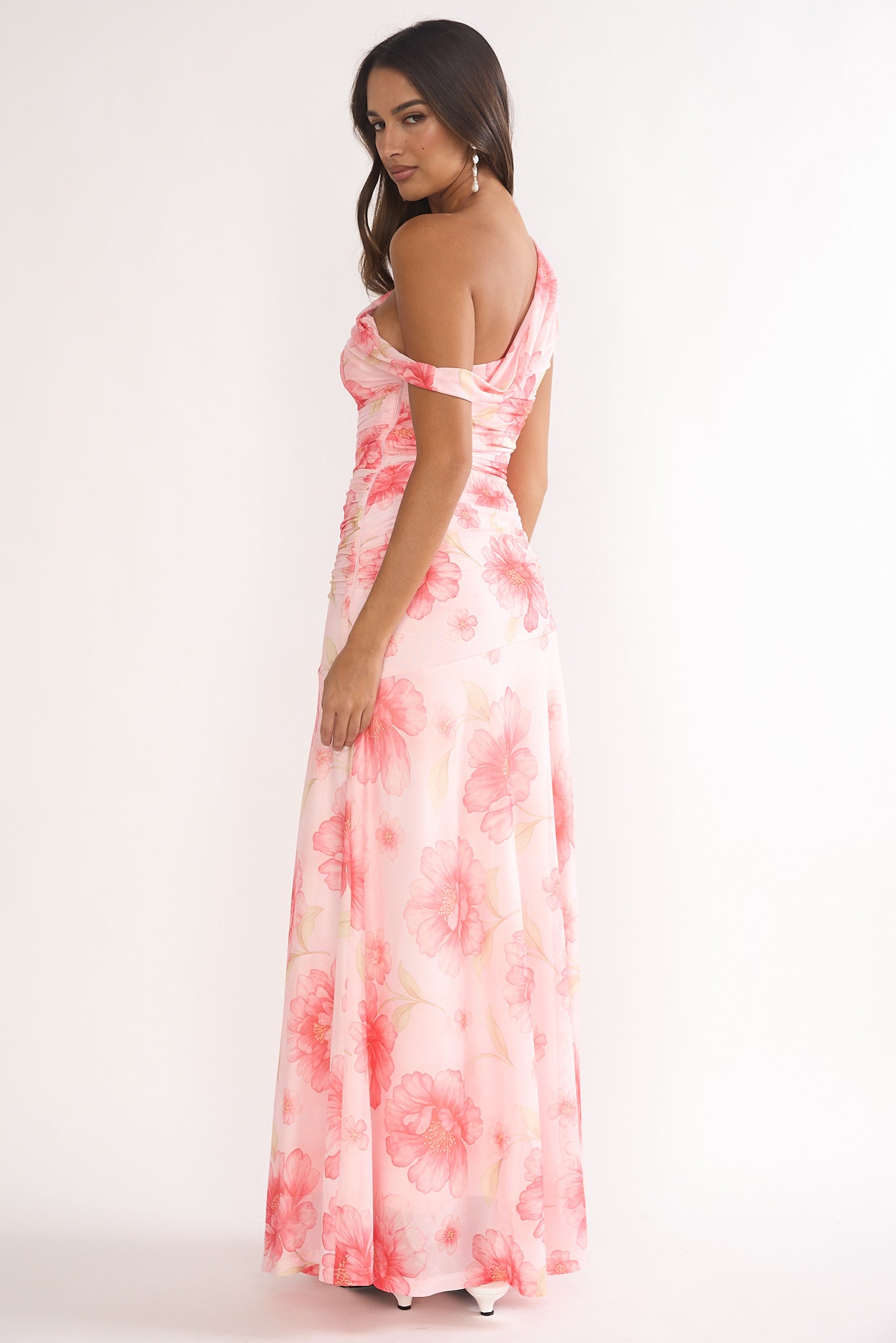 Lylah Asymmetric Neckline Mesh Maxi Dress Floral Pink-Maymioy