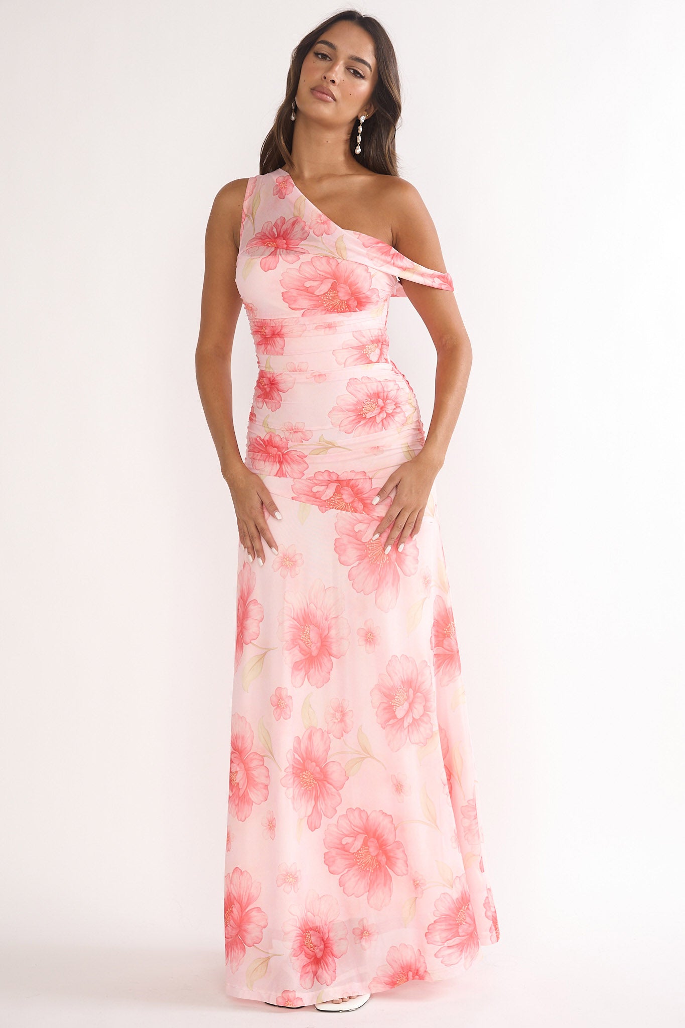 Lylah Asymmetric Neckline Mesh Maxi Dress Floral Pink-Maymioy