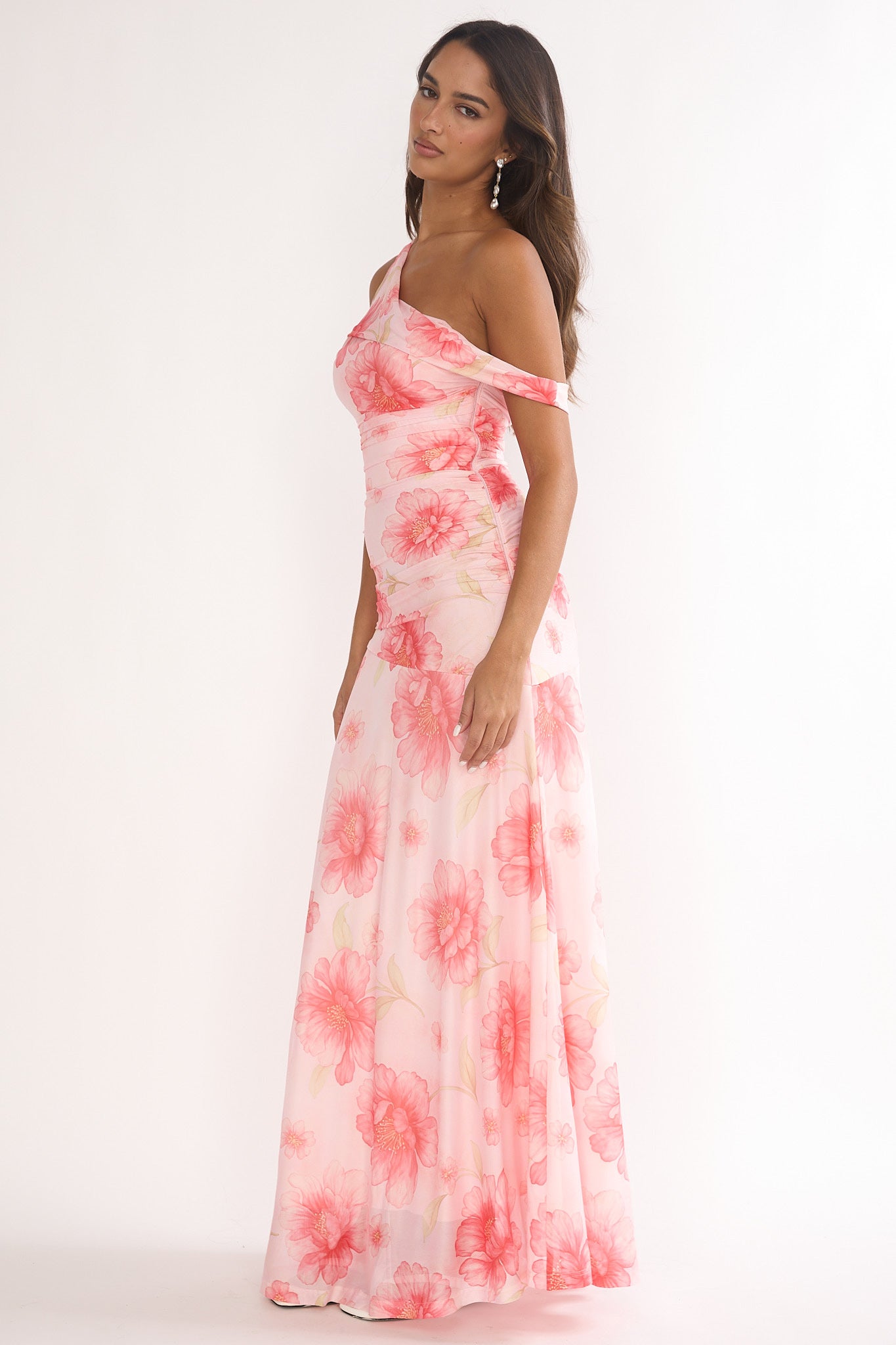 Lylah Asymmetric Neckline Mesh Maxi Dress Floral Pink-Maymioy