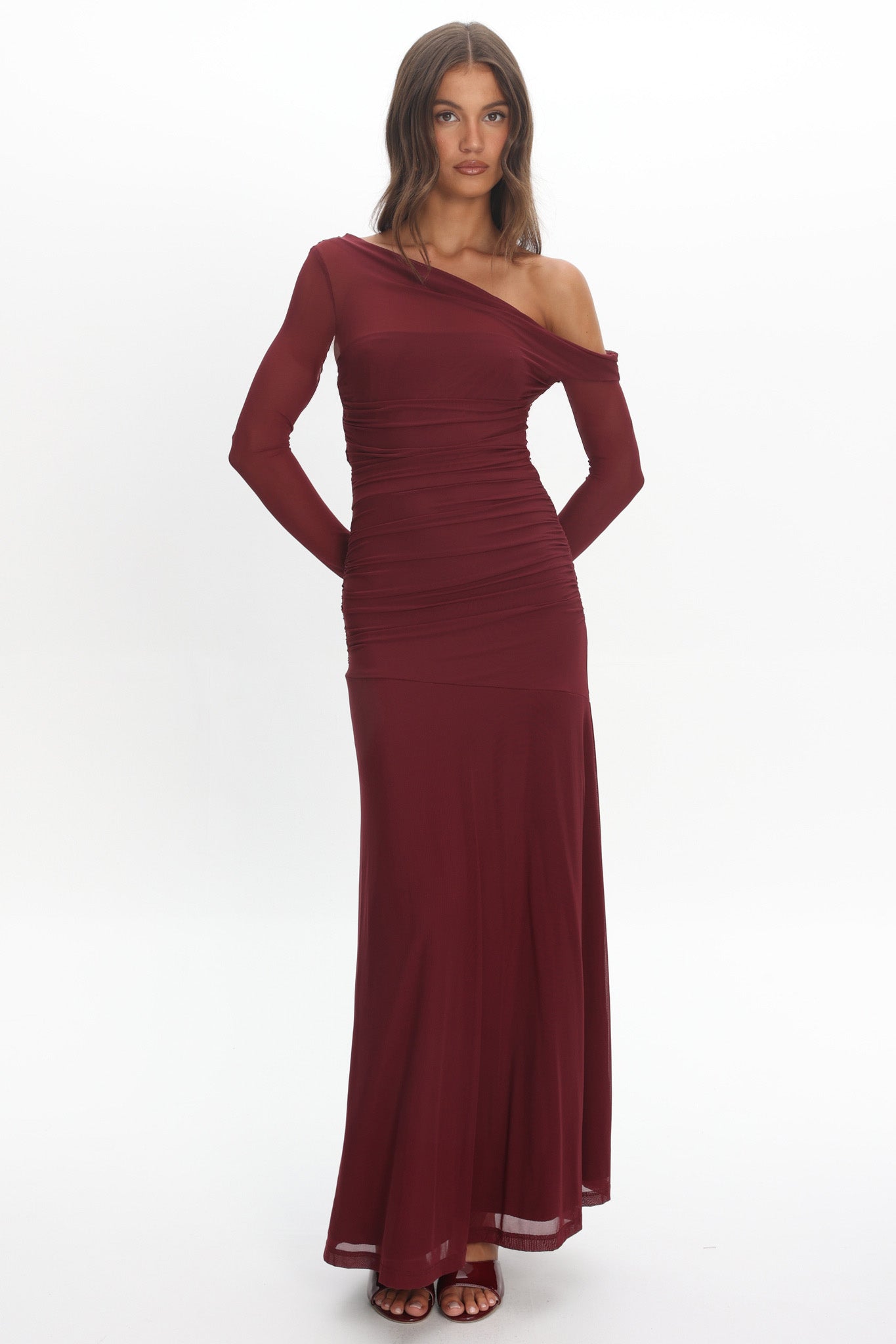Lylah Asymmetric Neckline Long Sleeve Maxi Dress Mesh Chocolate-Maymioy