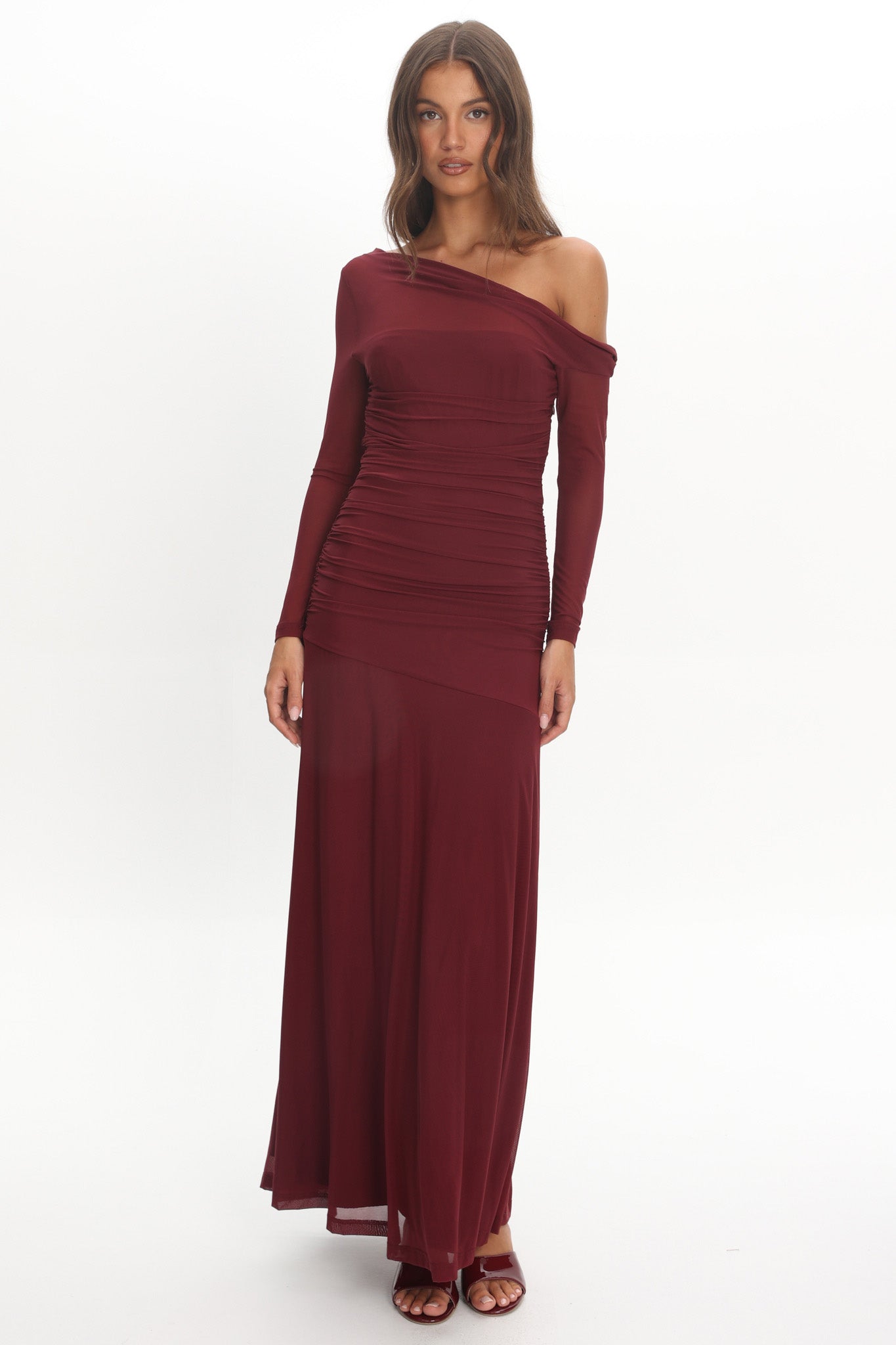 Lylah Asymmetric Neckline Long Sleeve Maxi Dress Mesh Chocolate-Maymioy