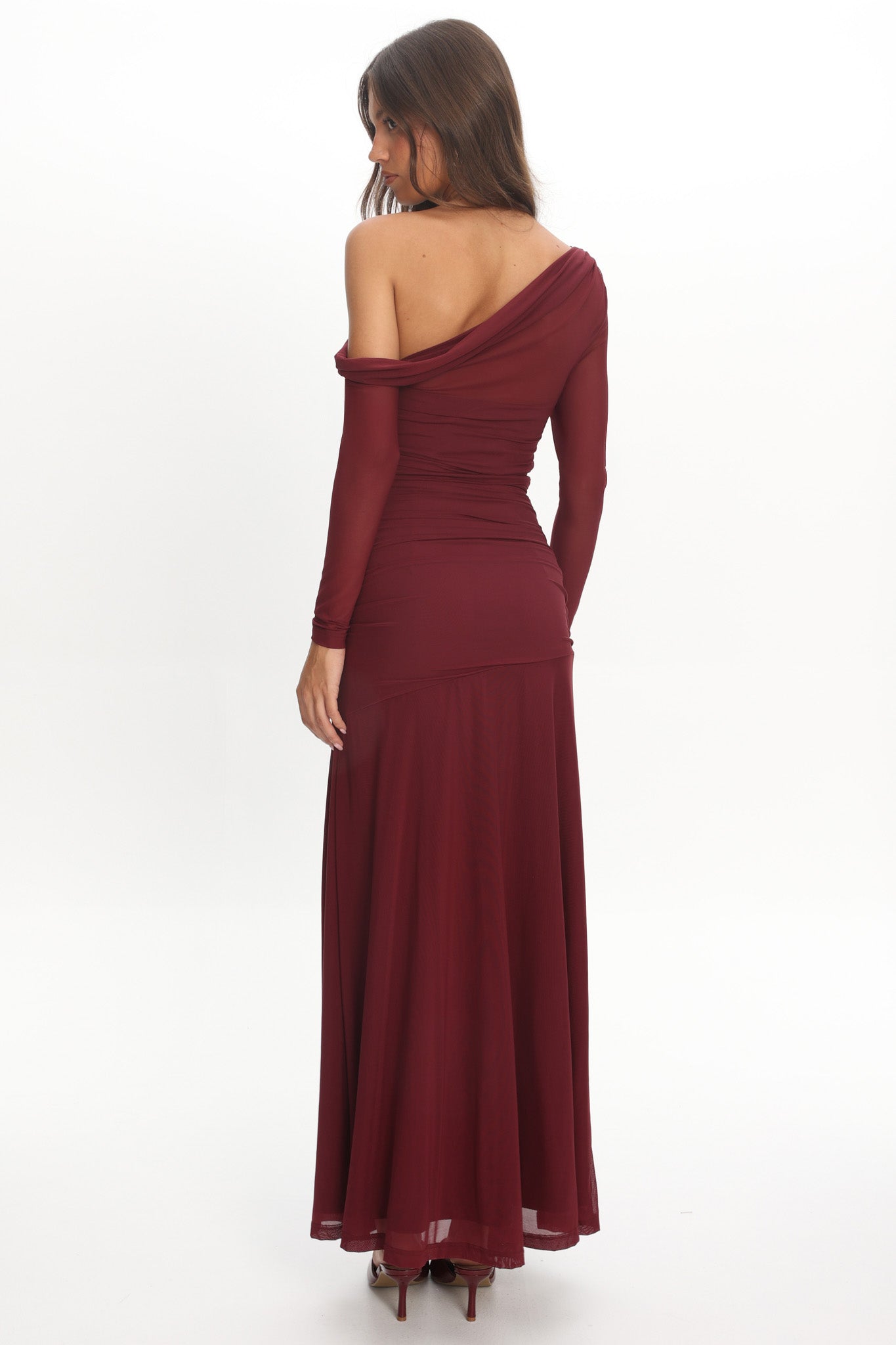 Lylah Asymmetric Neckline Long Sleeve Maxi Dress Mesh Chocolate-Maymioy