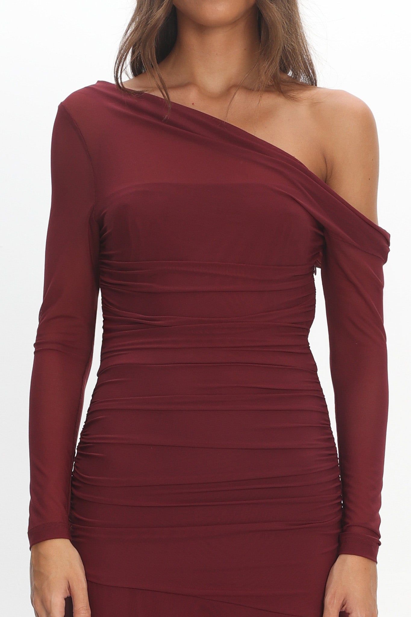 Lylah Asymmetric Neckline Long Sleeve Maxi Dress Mesh Chocolate-Maymioy