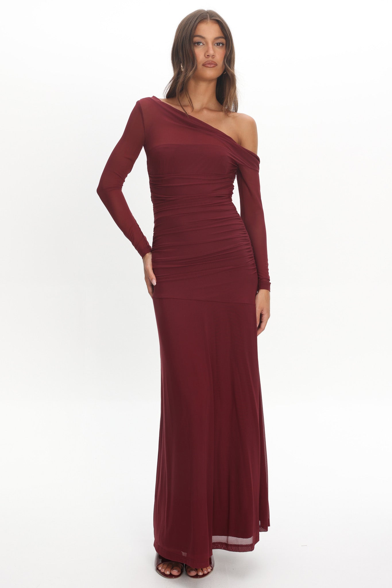 Lylah Asymmetric Neckline Long Sleeve Maxi Dress Mesh Chocolate-Maymioy