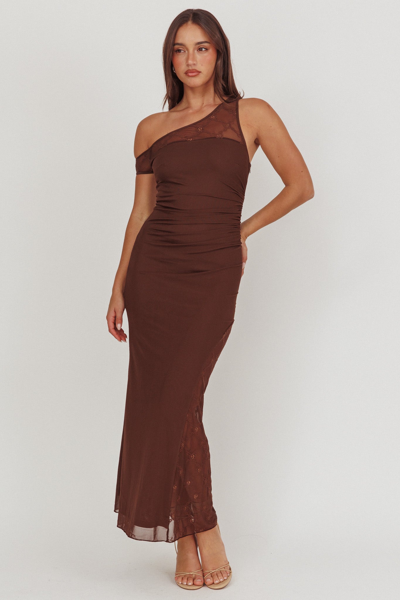 Sher One-Shoulder Lace Panel Maxi Dress Chocolate-Maymioy