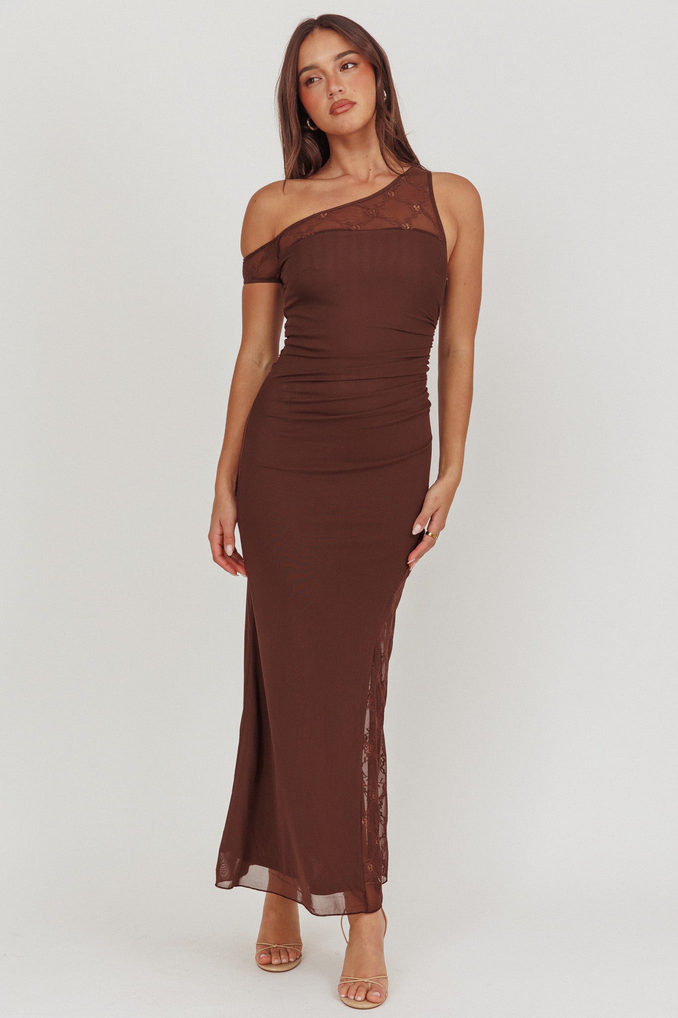 Sher One-Shoulder Lace Panel Maxi Dress Chocolate-Maymioy