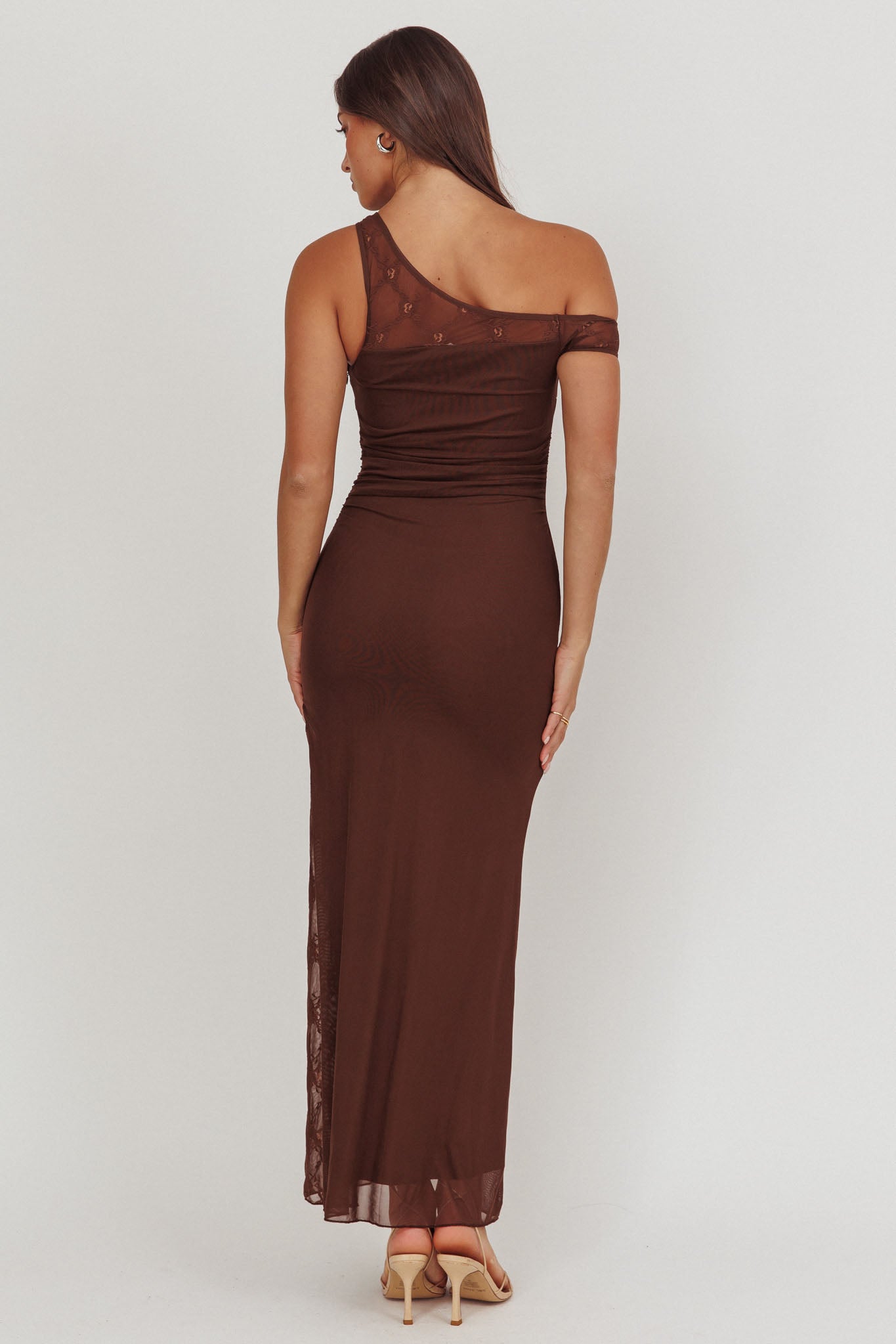 Sher One-Shoulder Lace Panel Maxi Dress Chocolate-Maymioy