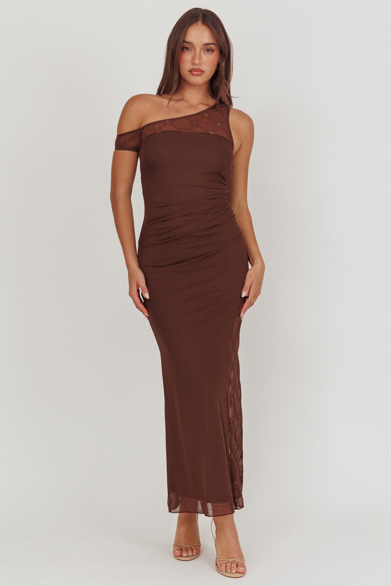 Sher One-Shoulder Lace Panel Maxi Dress Chocolate-Maymioy