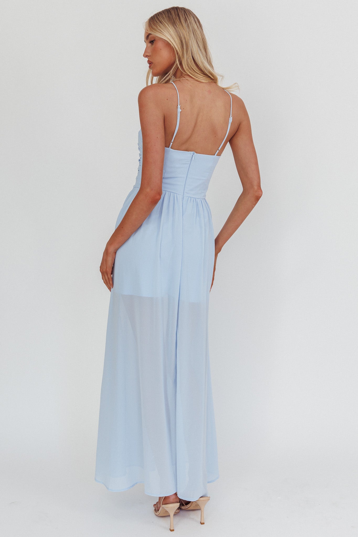 The Dreamers Ruched Basque Waist Maxi Dress Blue-Maymioy