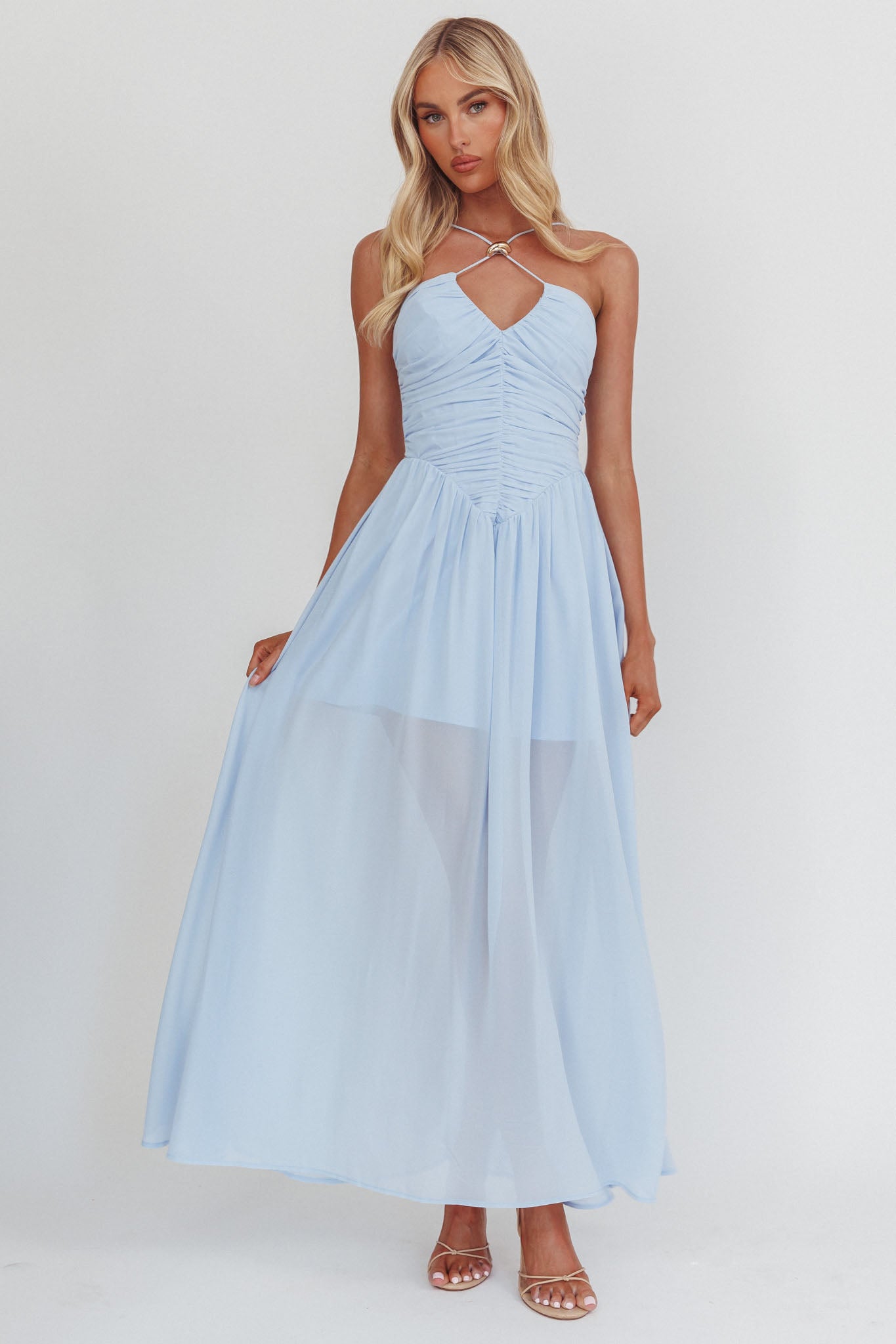 The Dreamers Ruched Basque Waist Maxi Dress Blue-Maymioy